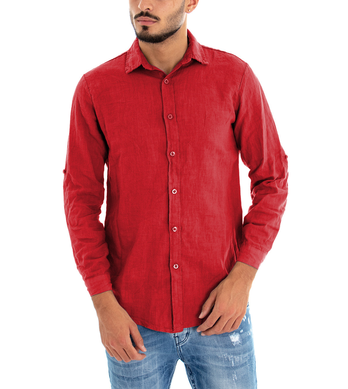 Camicia Uomo Con Colletto Slim Fit Lino Tinta Unita Maniche Lunghe Rosso GIOSAL-C2895A