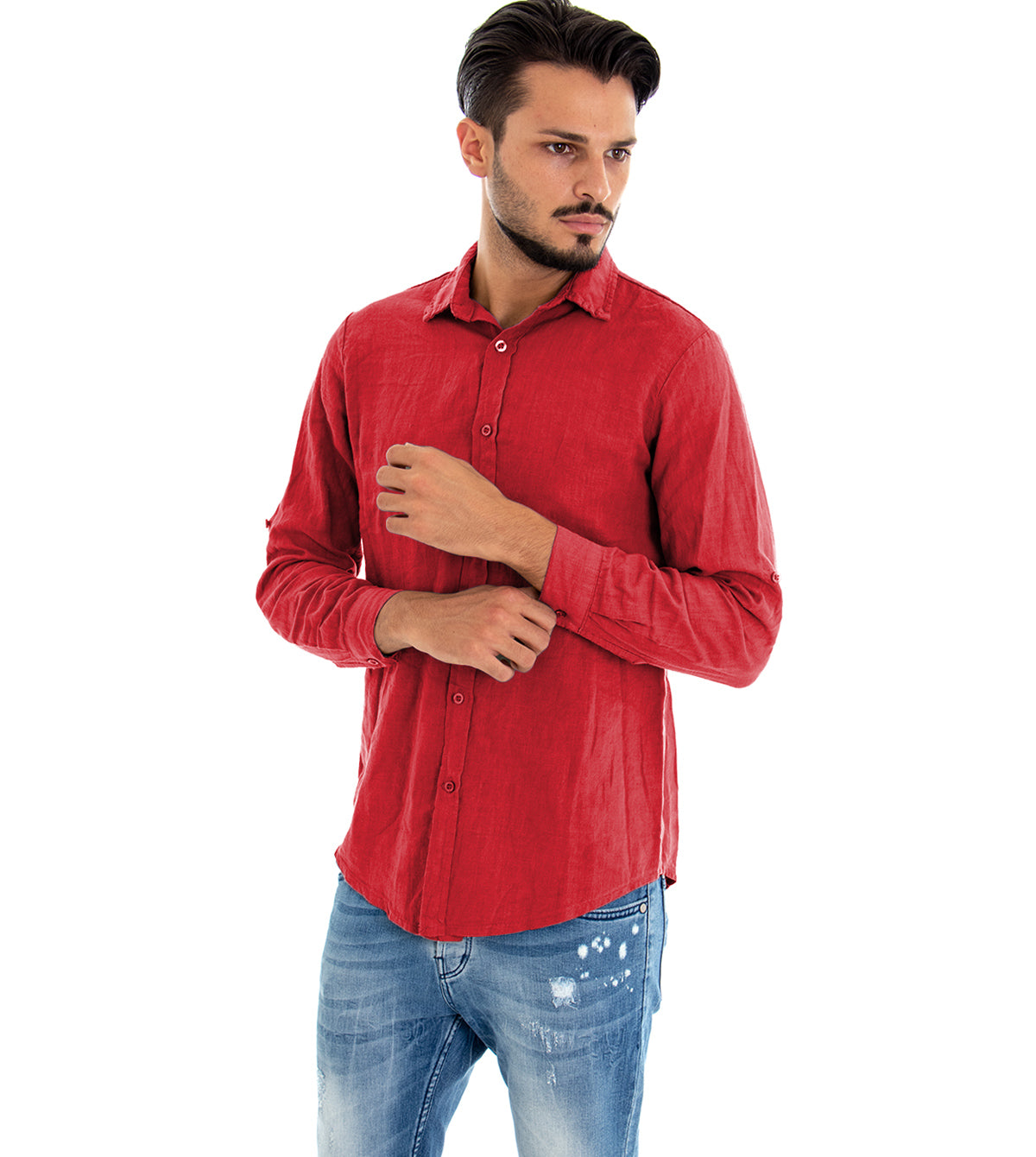 Camicia Uomo Con Colletto Slim Fit Lino Tinta Unita Maniche Lunghe Rosso GIOSAL-C2895A