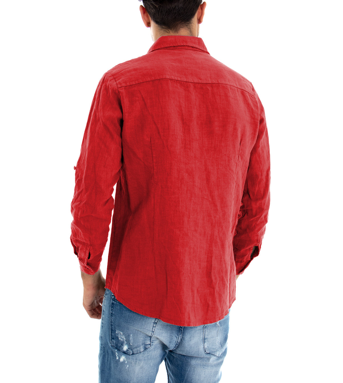 Camicia Uomo Con Colletto Slim Fit Lino Tinta Unita Maniche Lunghe Rosso GIOSAL-C2895A