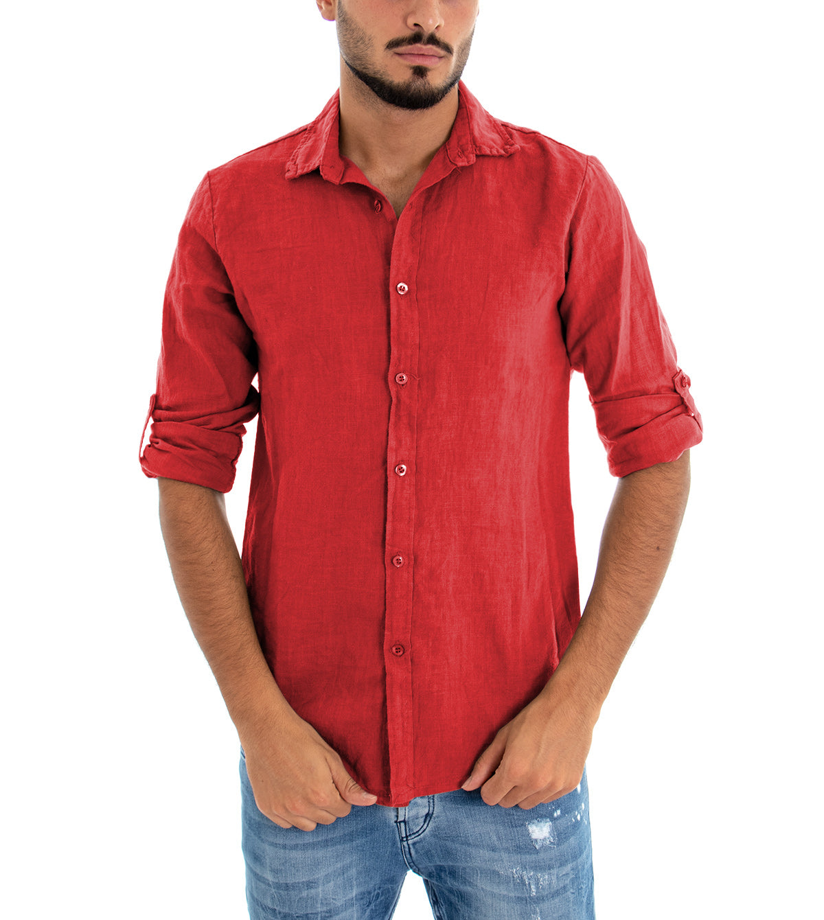 Camicia Uomo Con Colletto Slim Fit Lino Tinta Unita Maniche Lunghe Rosso GIOSAL-C2895A
