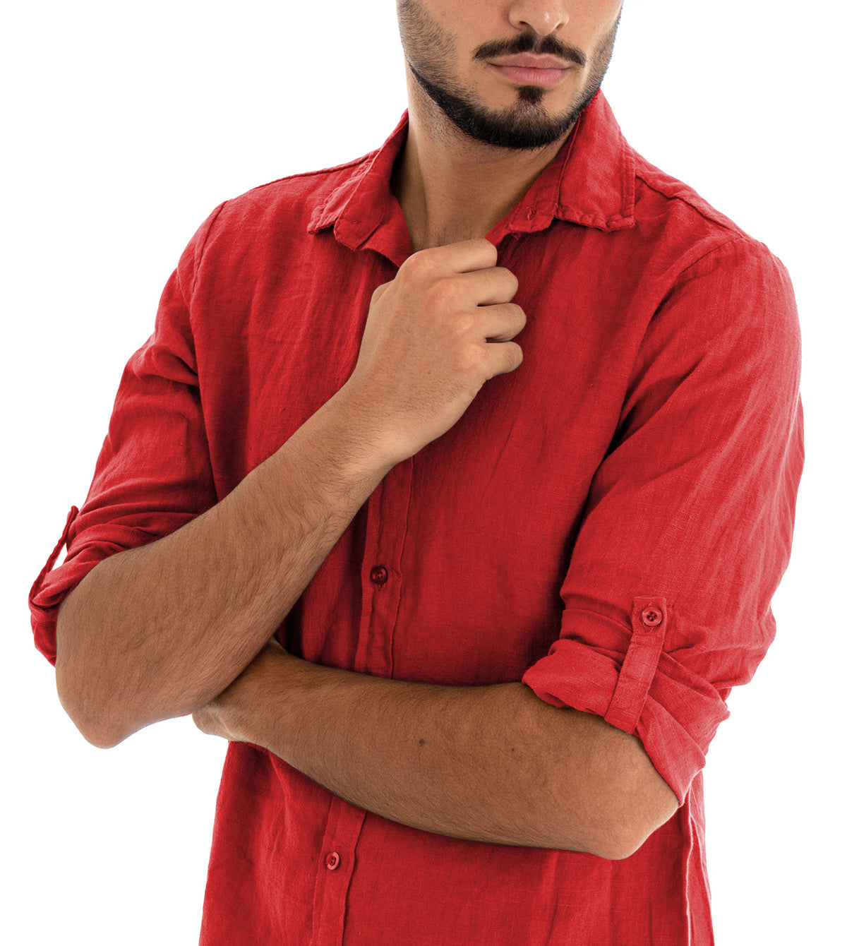 Camicia Uomo Con Colletto Slim Fit Lino Tinta Unita Maniche Lunghe Rosso GIOSAL-C2895A