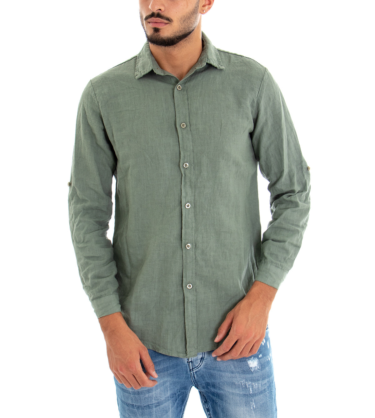 Camicia Uomo Con Colletto Slim Fit Lino Tinta Unita Maniche Lunghe Verde GIOSAL-C2897A