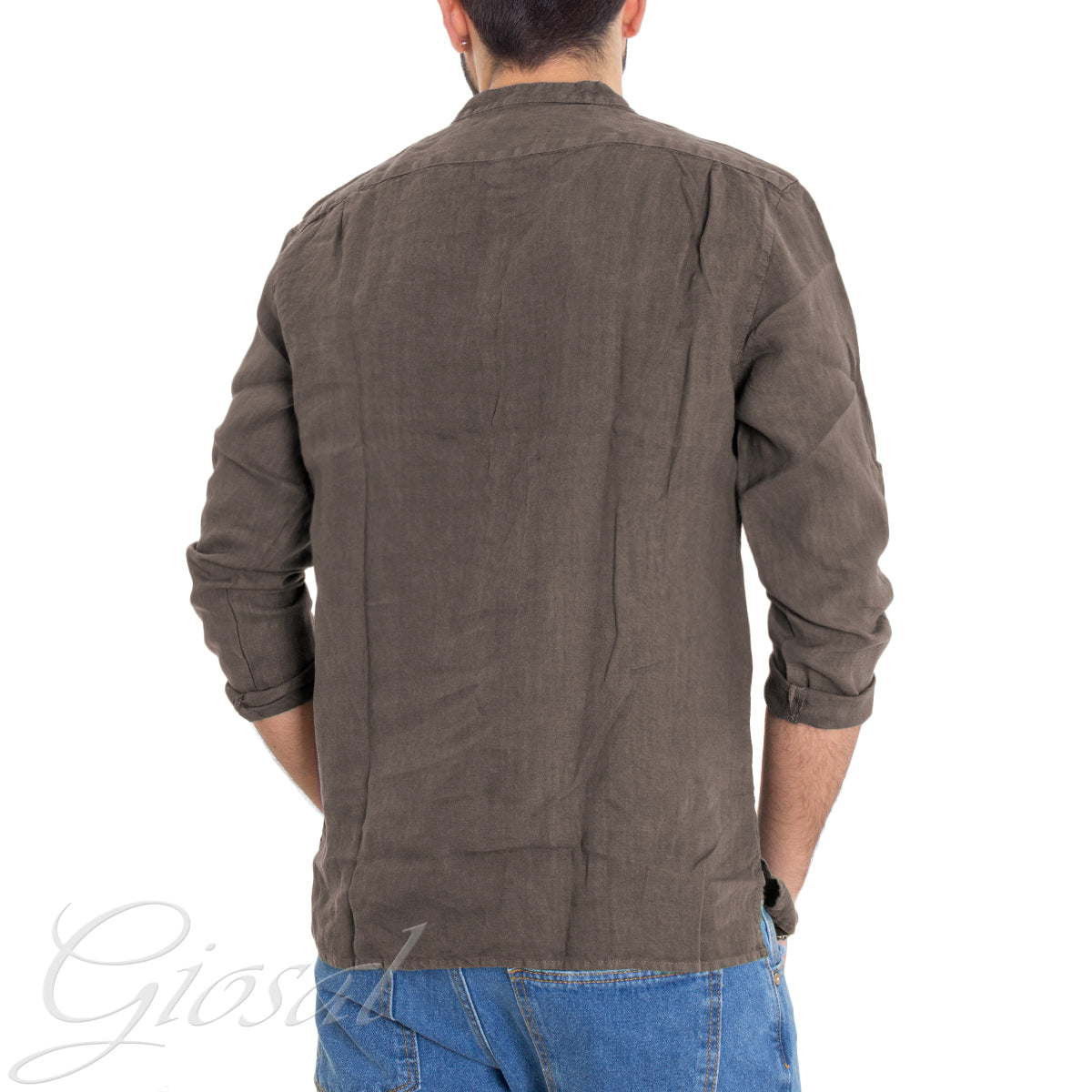 Camicia Uomo Lino Collo Serafino Mezzo Bottone Tinta Unita Casacca Fango GIOSAL-C2898A