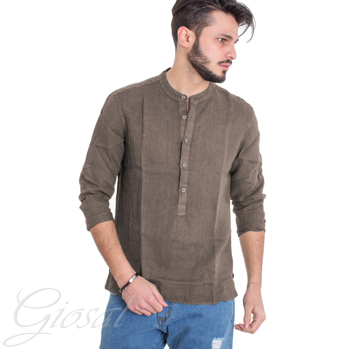 Camicia Uomo Lino Collo Serafino Mezzo Bottone Tinta Unita Casacca Fango GIOSAL-C2898A