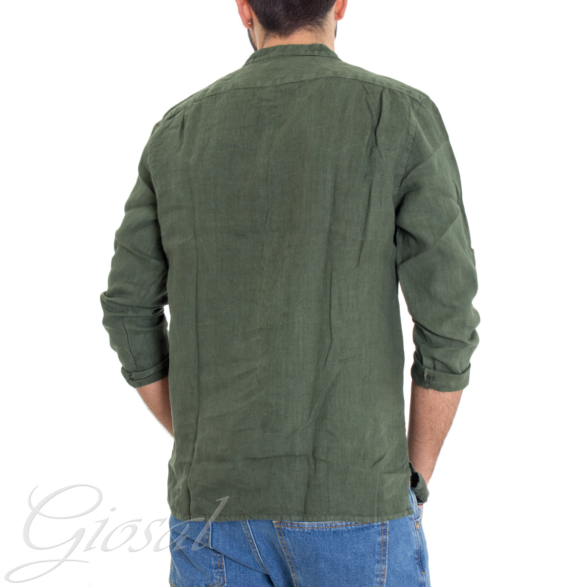 Camicia Uomo Lino Collo Serafino Mezzo Bottone Tinta Unita Casacca Verde GIOSAL-C2899A