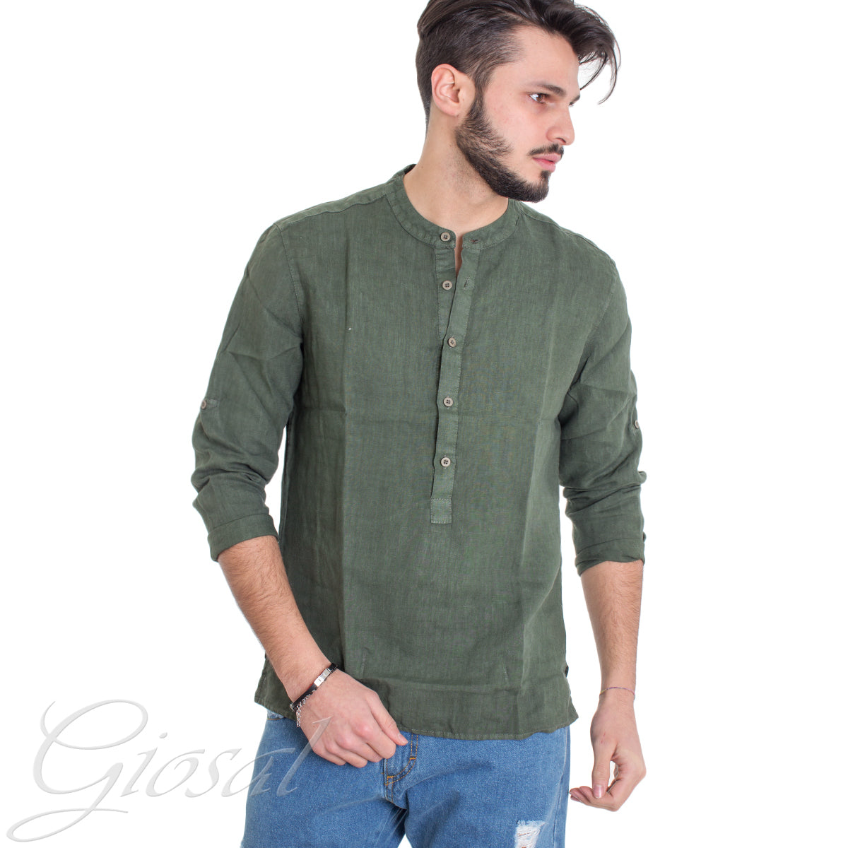 Camicia Uomo Lino Collo Serafino Mezzo Bottone Tinta Unita Casacca Verde GIOSAL-C2899A