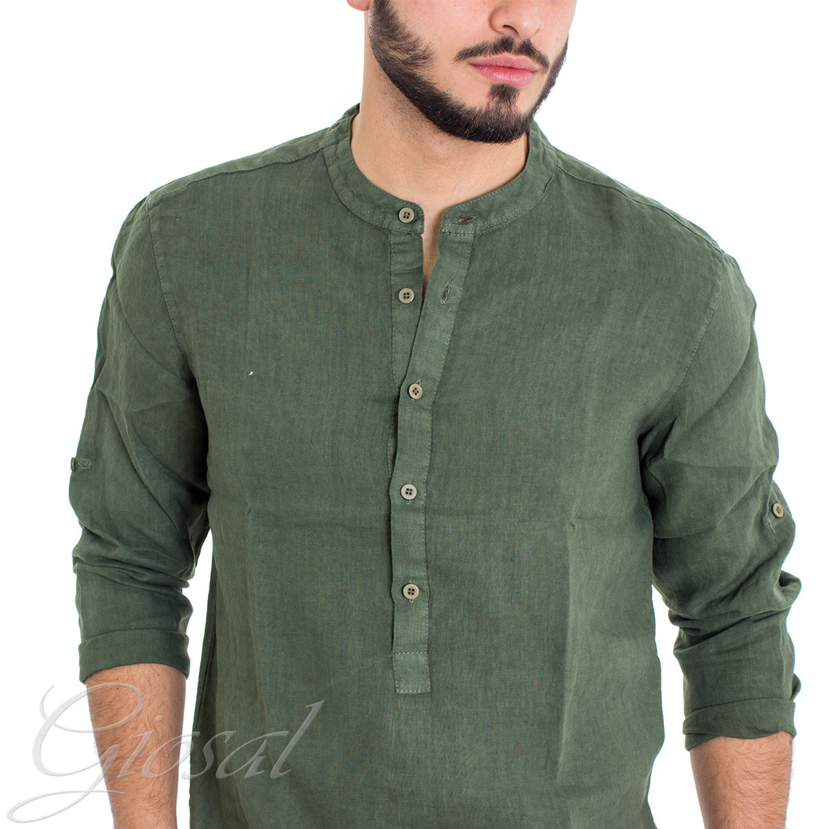 Camicia Uomo Lino Collo Serafino Mezzo Bottone Tinta Unita Casacca Verde GIOSAL-C2899A