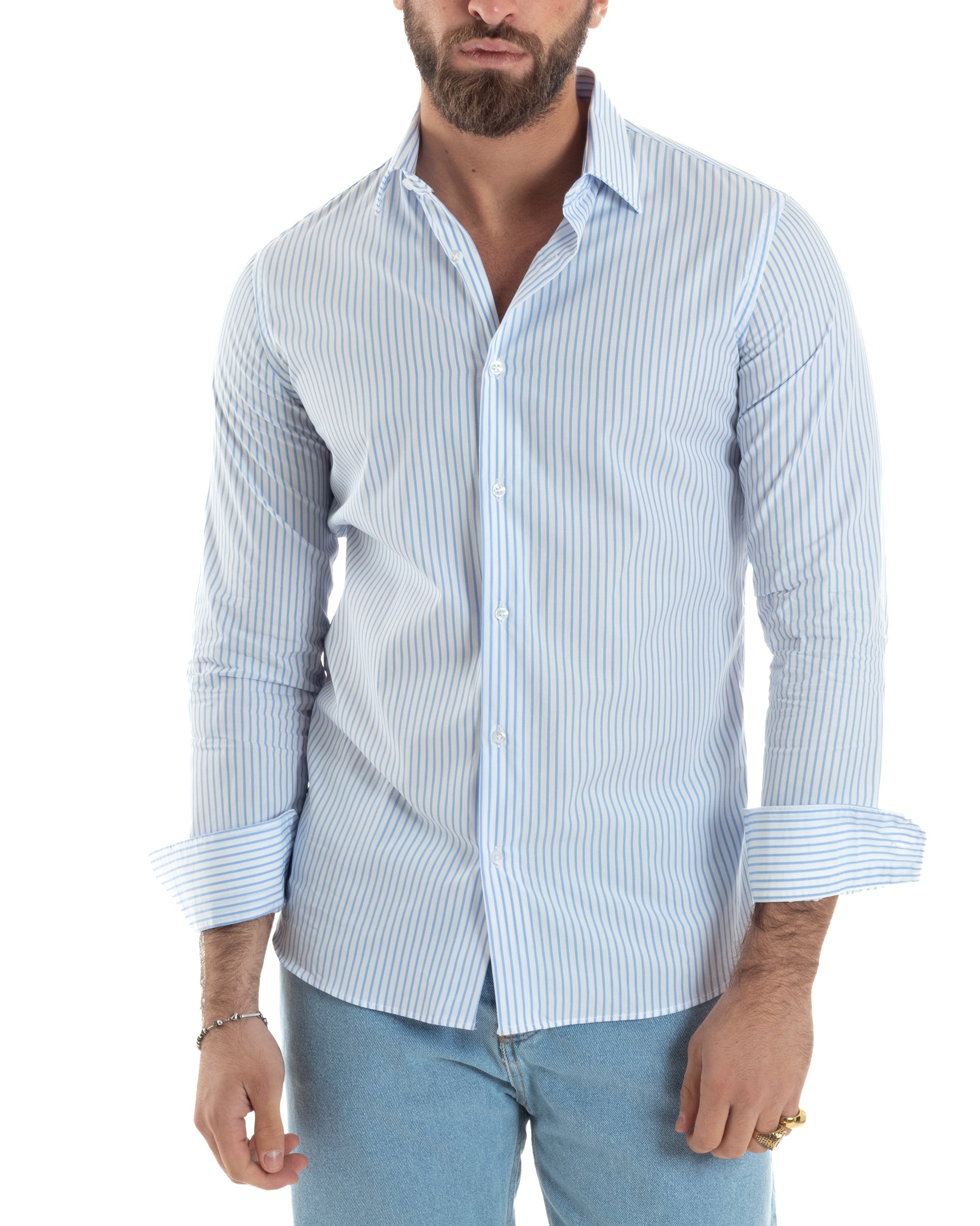 Camicia Uomo Cotone Slim Fit Casual Colletto Semi-Francese Basic Rigata Bicolore Righe Bastoncino Sottile Bianco Celeste GIOSAL-C2910A