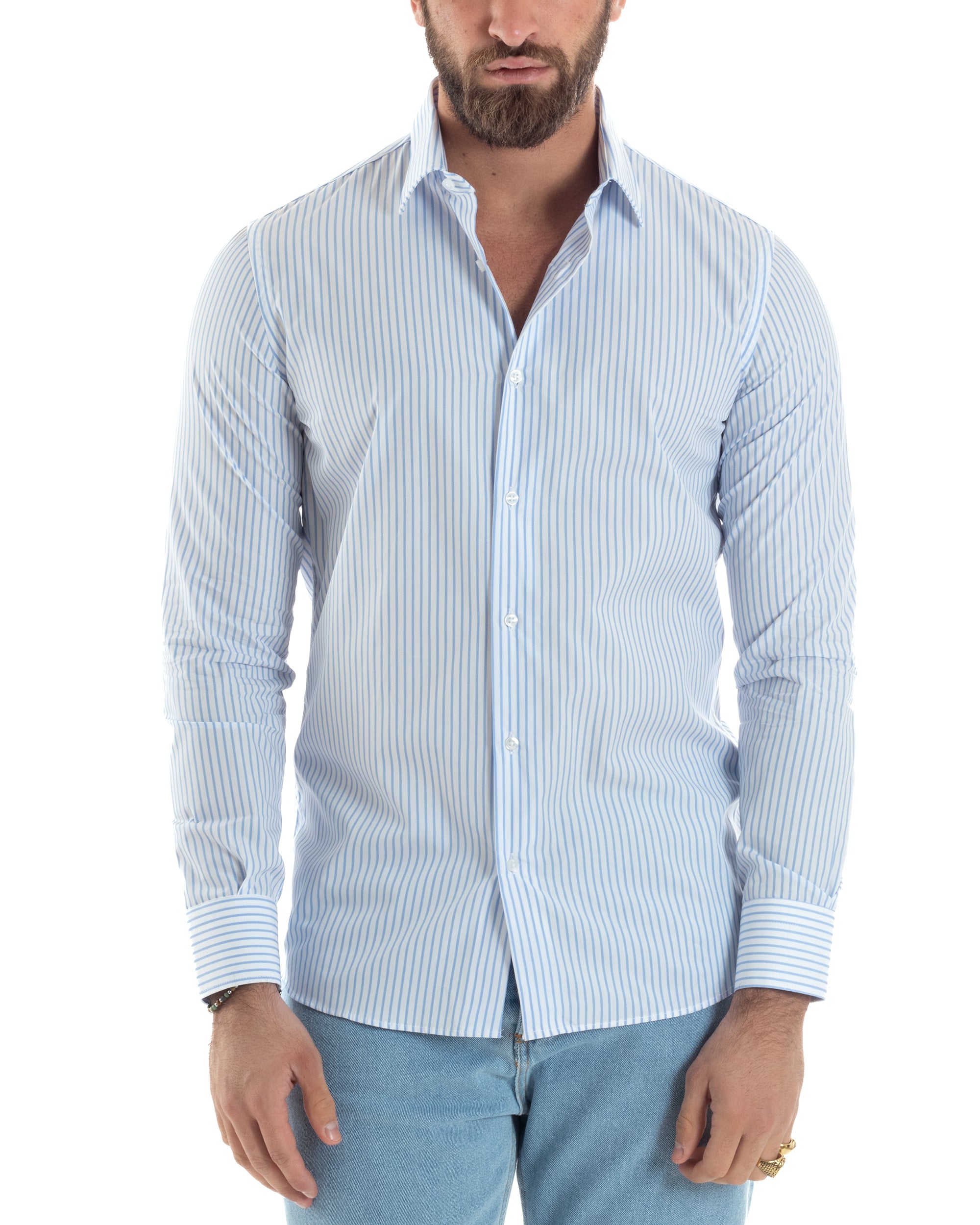 Camicia Uomo Cotone Slim Fit Casual Colletto Semi-Francese Basic Rigata Bicolore Righe Bastoncino Sottile Bianco Celeste GIOSAL-C2910A