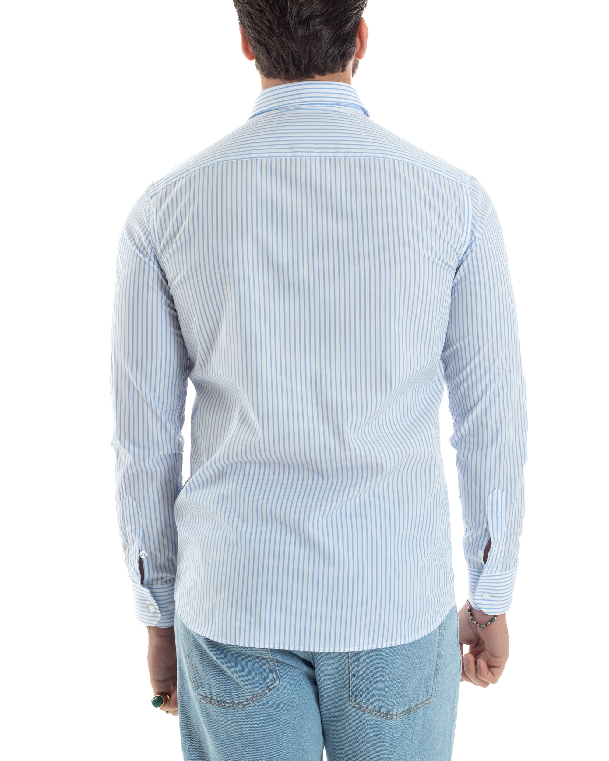 Camicia Uomo Cotone Slim Fit Casual Colletto Semi-Francese Basic Rigata Bicolore Righe Bastoncino Sottile Bianco Celeste GIOSAL-C2910A