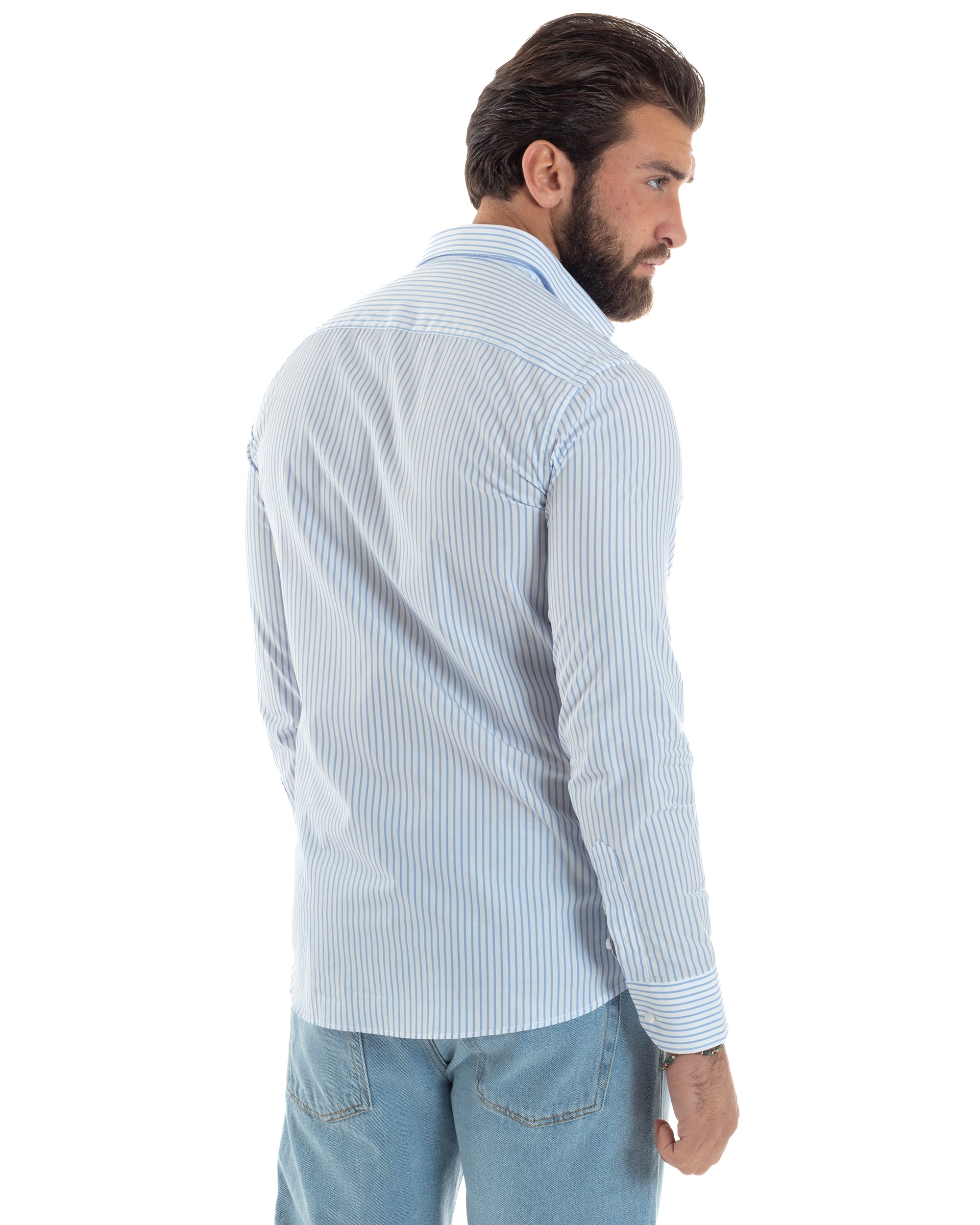 Camicia Uomo Cotone Slim Fit Casual Colletto Semi-Francese Basic Rigata Bicolore Righe Bastoncino Sottile Bianco Celeste GIOSAL-C2910A