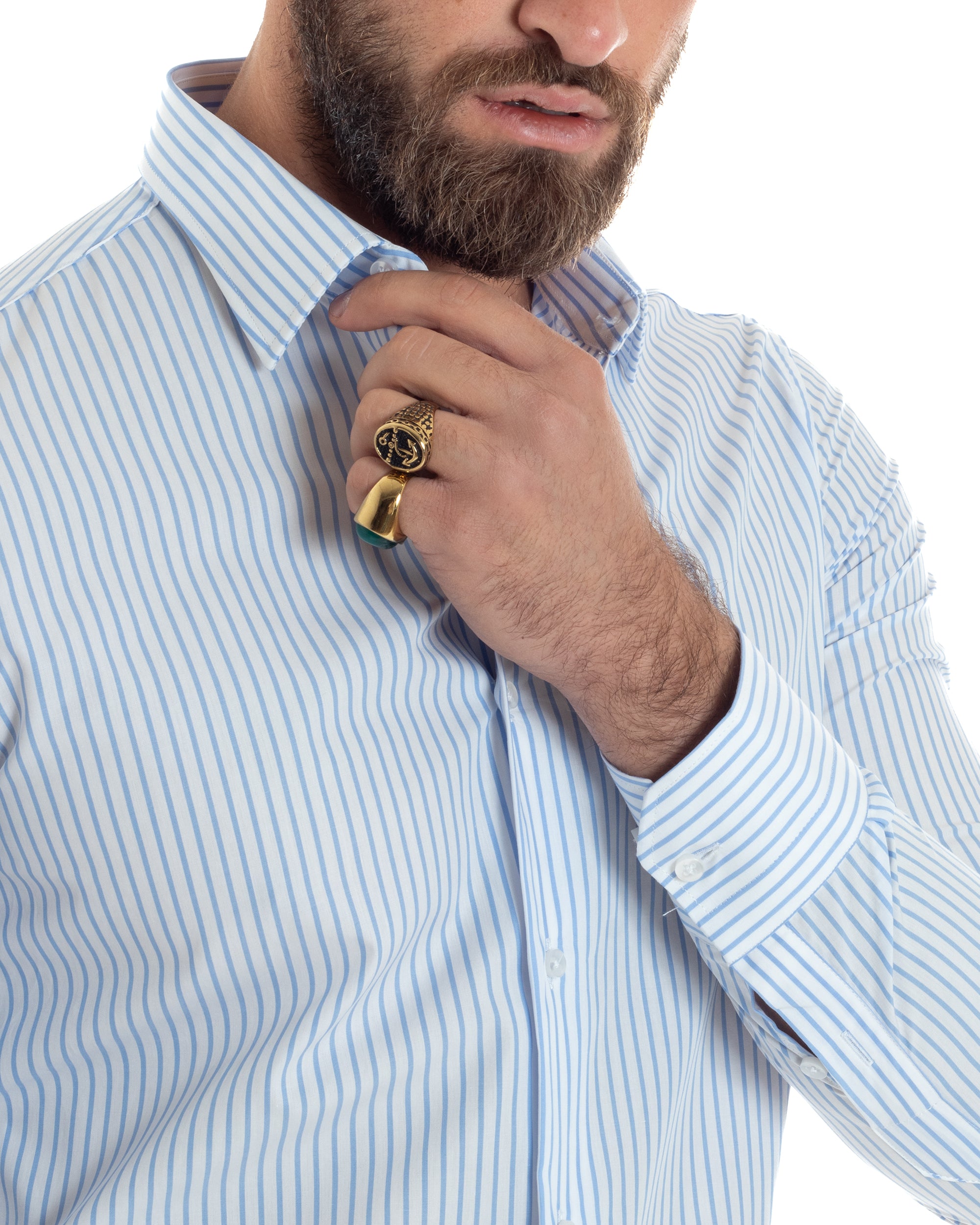 Camicia Uomo Cotone Slim Fit Casual Colletto Semi-Francese Basic Rigata Bicolore Righe Bastoncino Sottile Bianco Celeste GIOSAL-C2910A