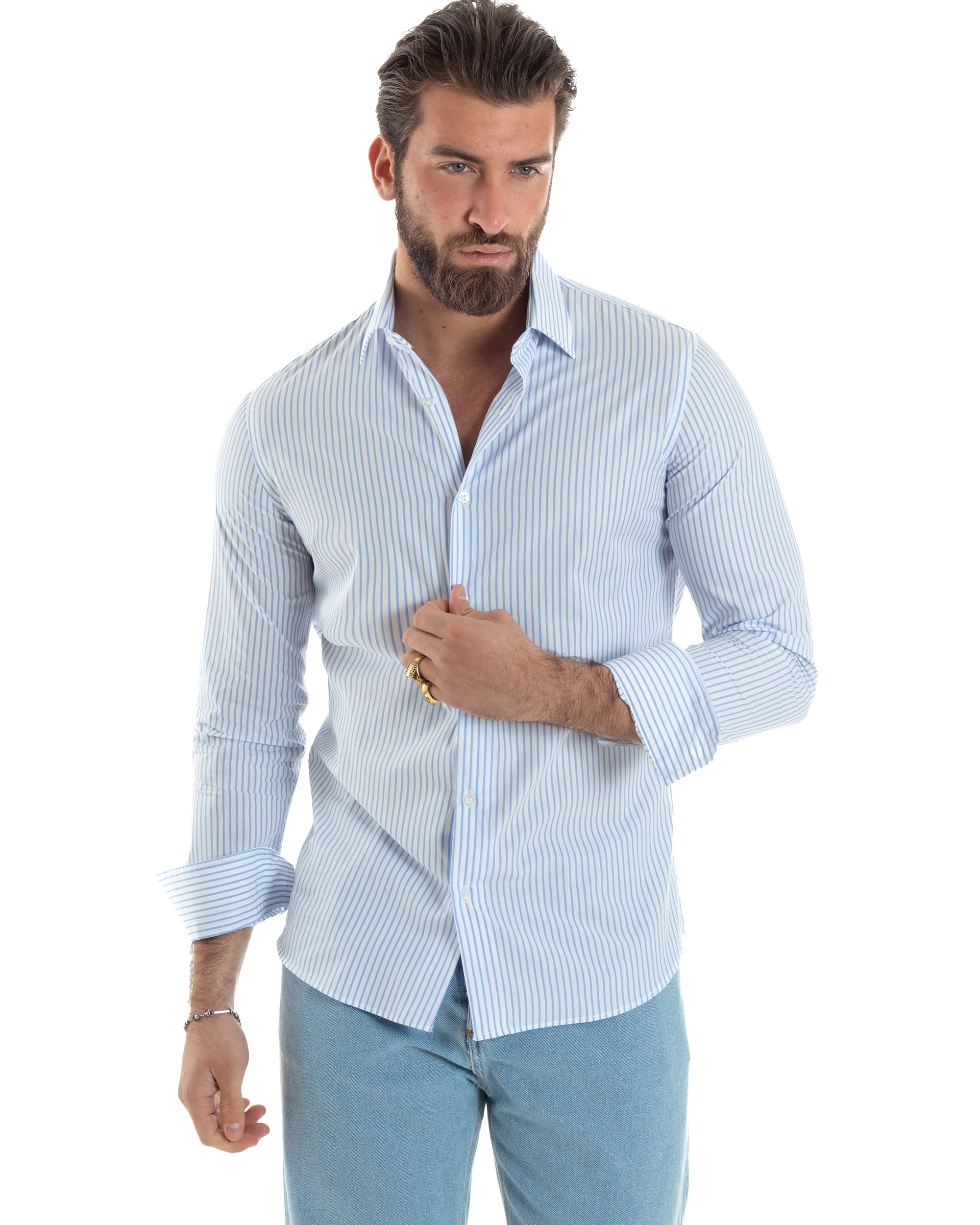 Camicia Uomo Cotone Slim Fit Casual Colletto Semi-Francese Basic Rigata Bicolore Righe Bastoncino Sottile Bianco Celeste GIOSAL-C2910A