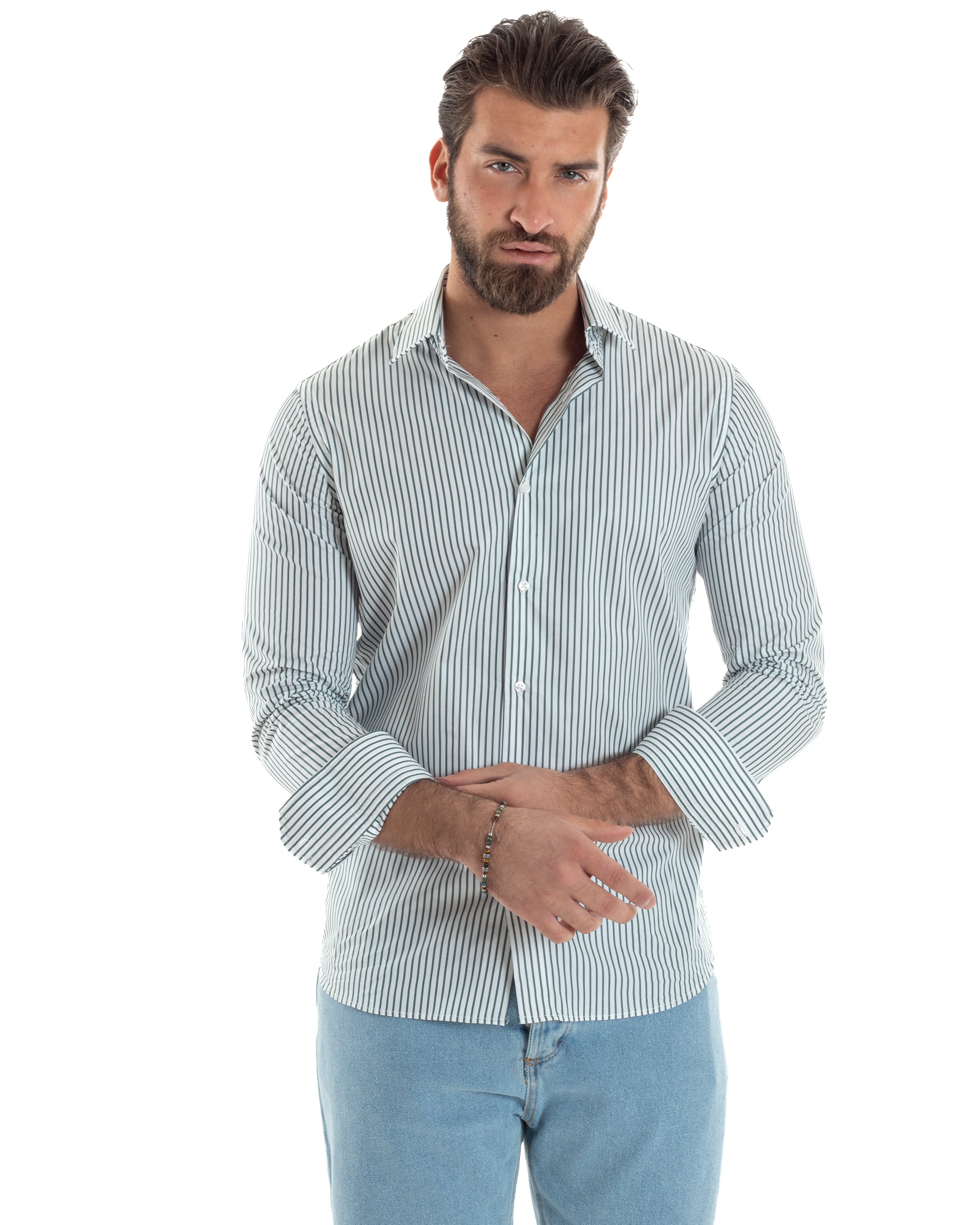 Camicia Uomo Cotone Slim Fit Casual Colletto Semi-Francese Basic Rigata Bicolore Righe Bastoncino Sottile Bianco Verde GIOSAL-C2911A