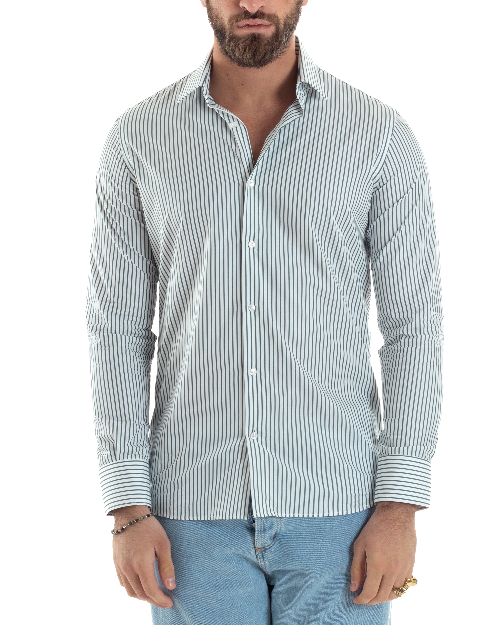 Camicia Uomo Cotone Slim Fit Casual Colletto Semi-Francese Basic Rigata Bicolore Righe Bastoncino Sottile Bianco Verde GIOSAL-C2911A