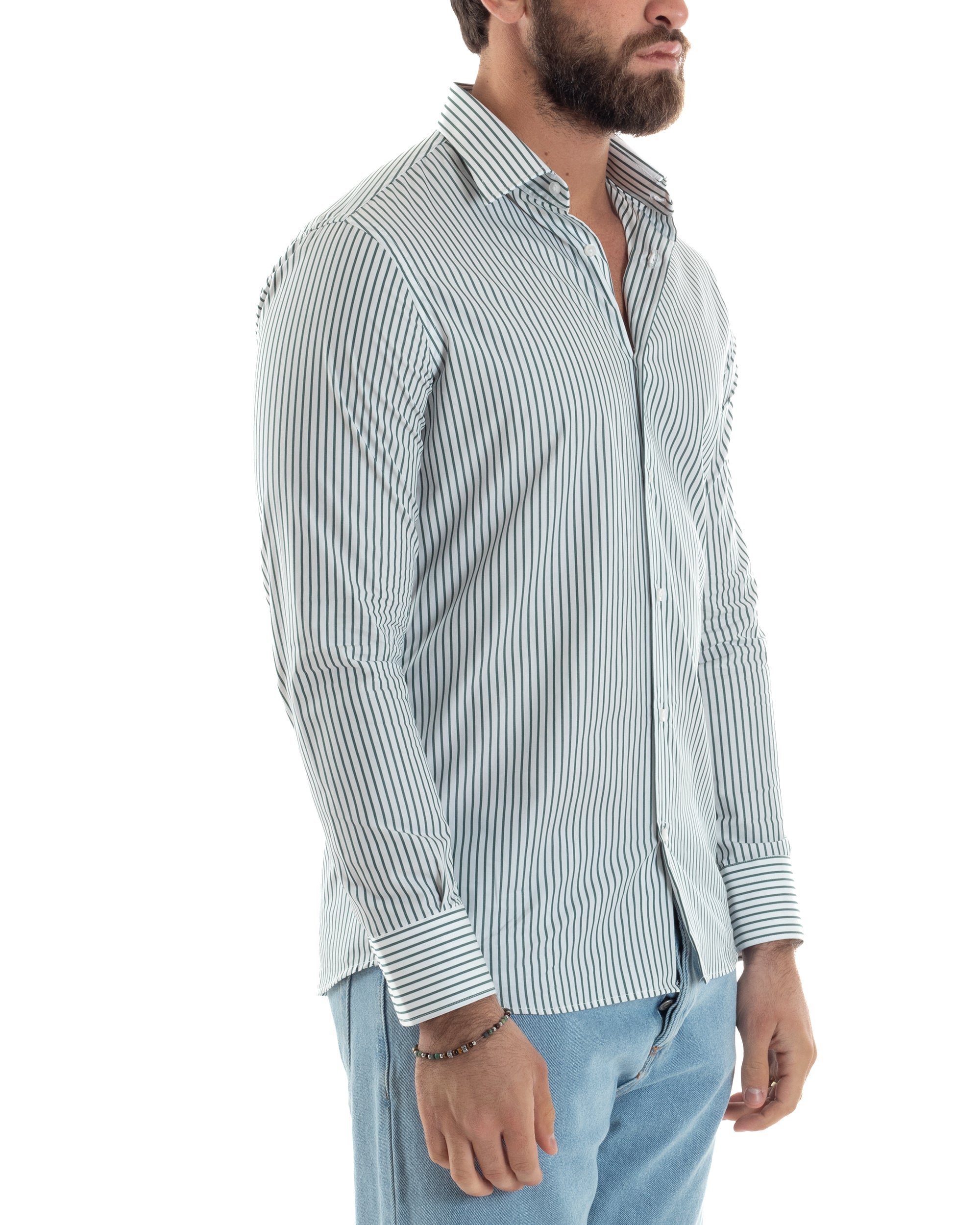 Camicia Uomo Cotone Slim Fit Casual Colletto Semi-Francese Basic Rigata Bicolore Righe Bastoncino Sottile Bianco Verde GIOSAL-C2911A