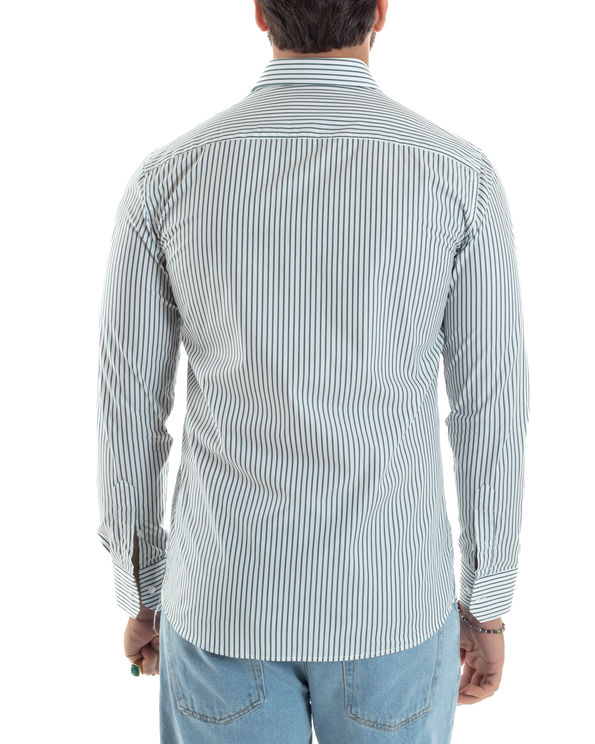 Camicia Uomo Cotone Slim Fit Casual Colletto Semi-Francese Basic Rigata Bicolore Righe Bastoncino Sottile Bianco Verde GIOSAL-C2911A