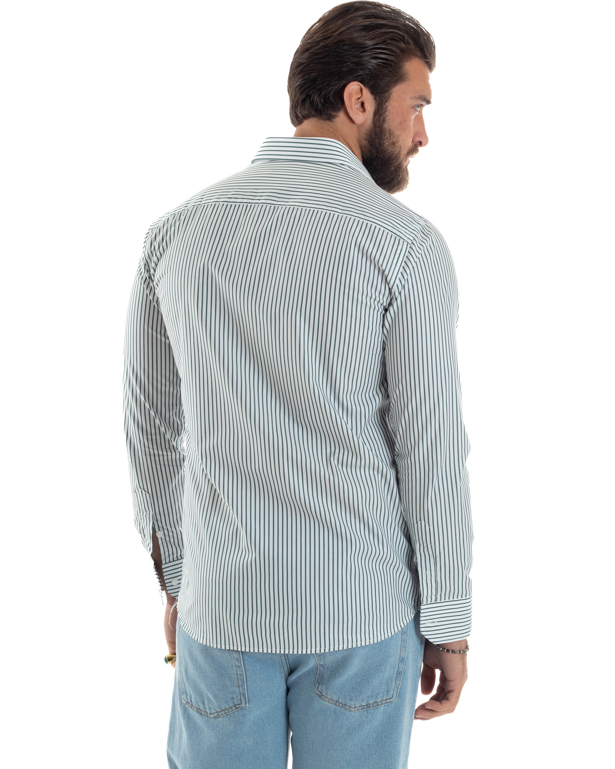Camicia Uomo Cotone Slim Fit Casual Colletto Semi-Francese Basic Rigata Bicolore Righe Bastoncino Sottile Bianco Verde GIOSAL-C2911A