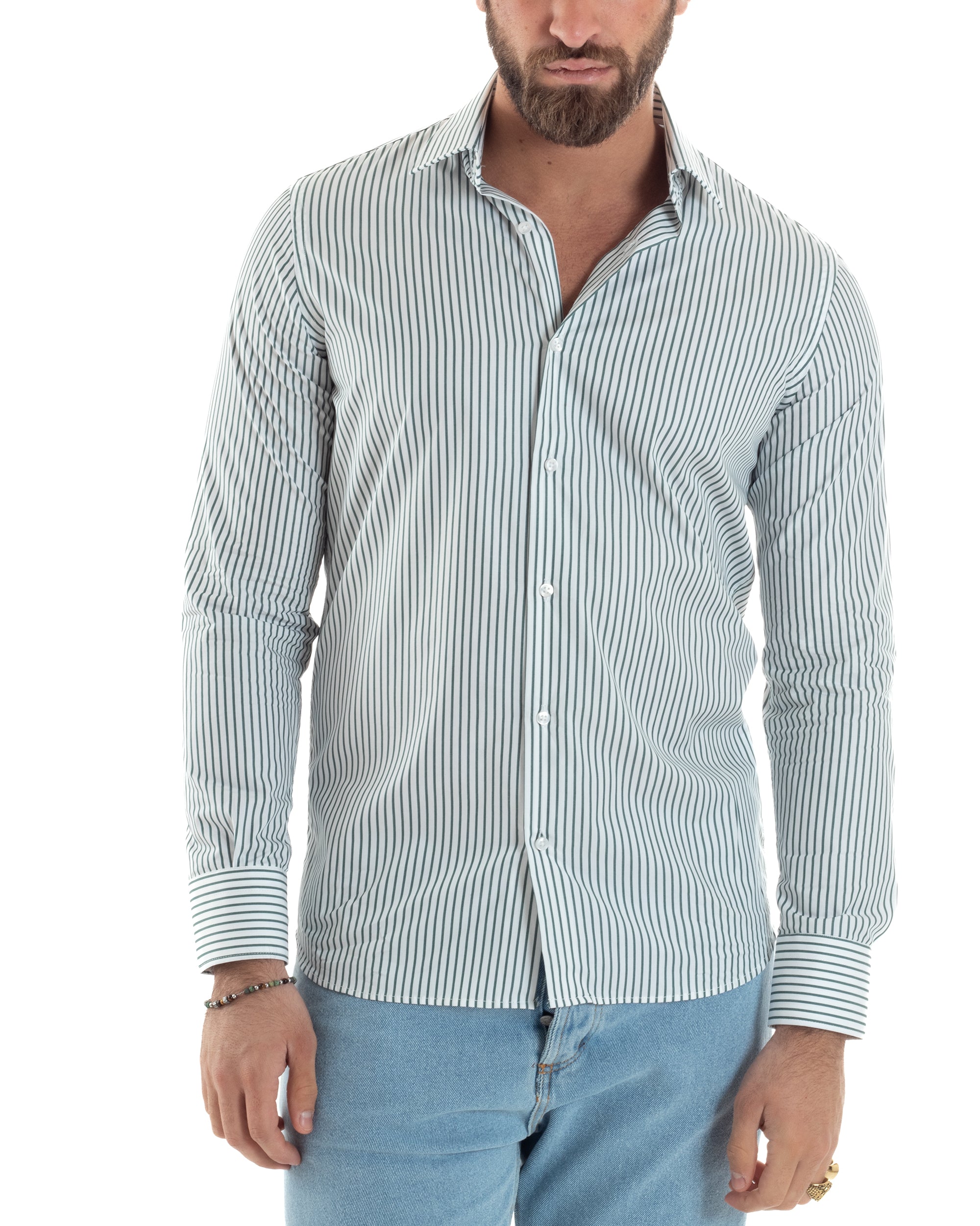 Camicia Uomo Cotone Slim Fit Casual Colletto Semi-Francese Basic Rigata Bicolore Righe Bastoncino Sottile Bianco Verde GIOSAL-C2911A