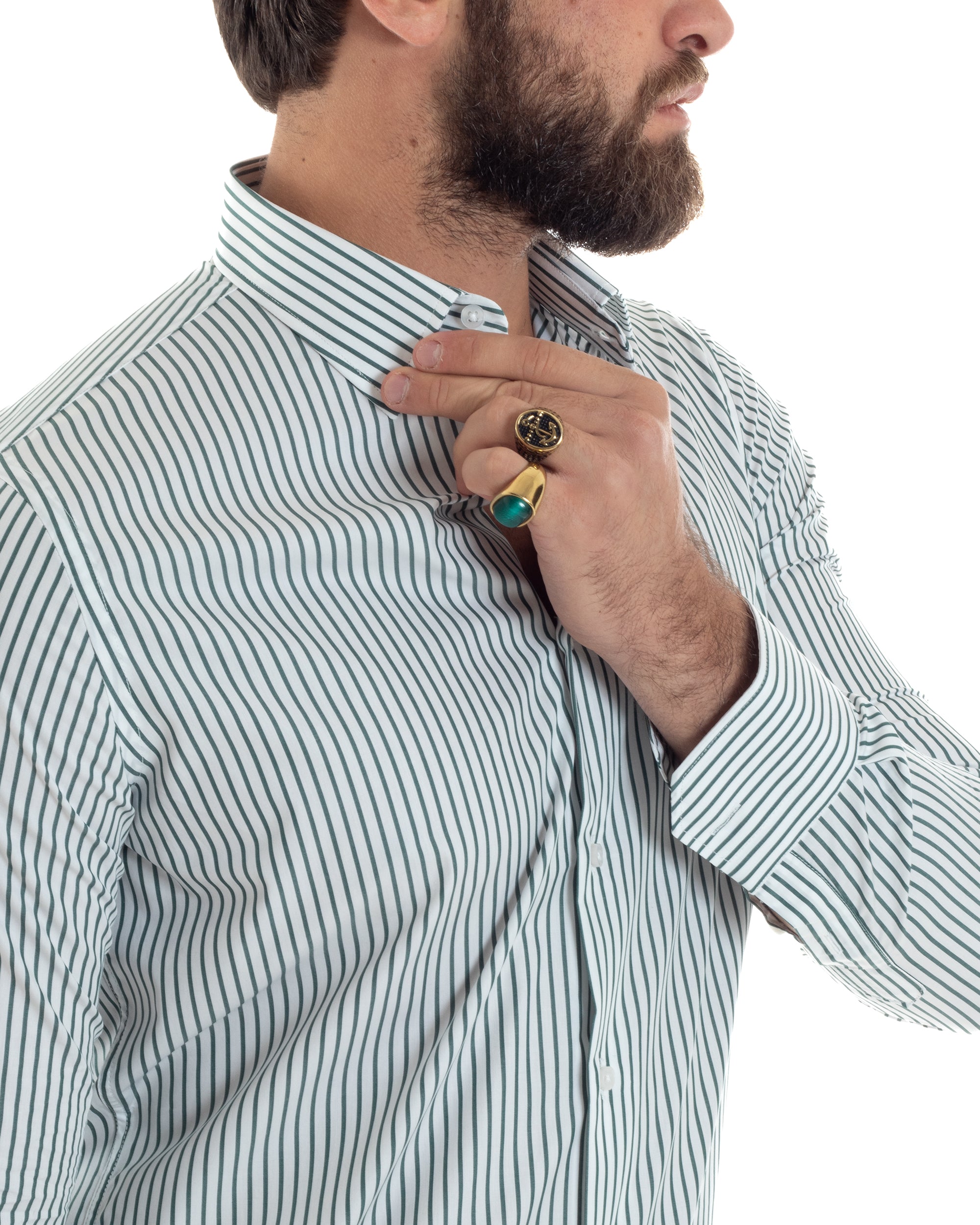 Camicia Uomo Cotone Slim Fit Casual Colletto Semi-Francese Basic Rigata Bicolore Righe Bastoncino Sottile Bianco Verde GIOSAL-C2911A