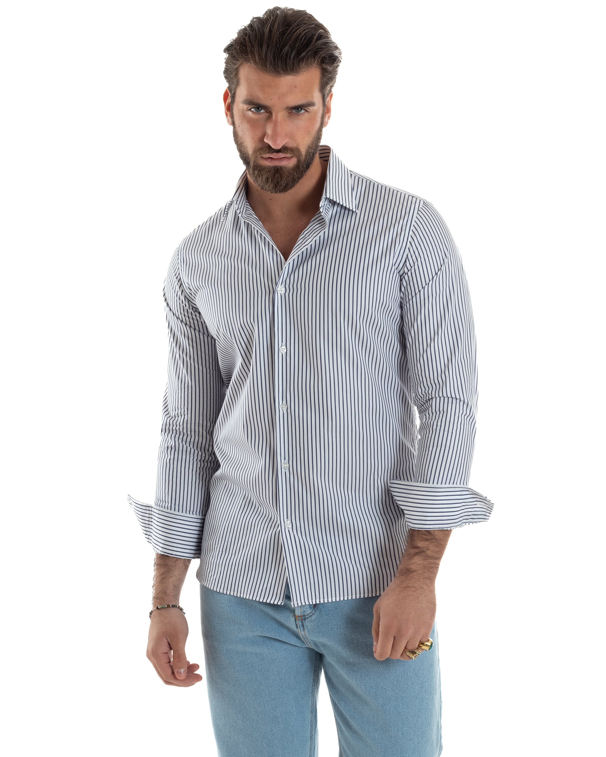 Camicia Uomo Cotone Slim Fit Casual Colletto Semi-Francese Basic Rigata Bicolore Righe Bastoncino Sottile Bianco Blu GIOSAL-C2912A