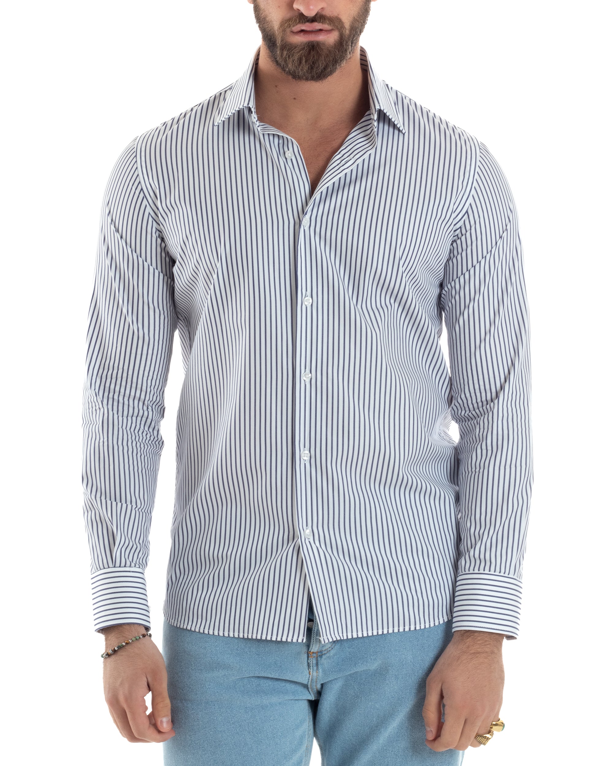 Camicia Uomo Cotone Slim Fit Casual Colletto Semi-Francese Basic Rigata Bicolore Righe Bastoncino Sottile Bianco Blu GIOSAL-C2912A