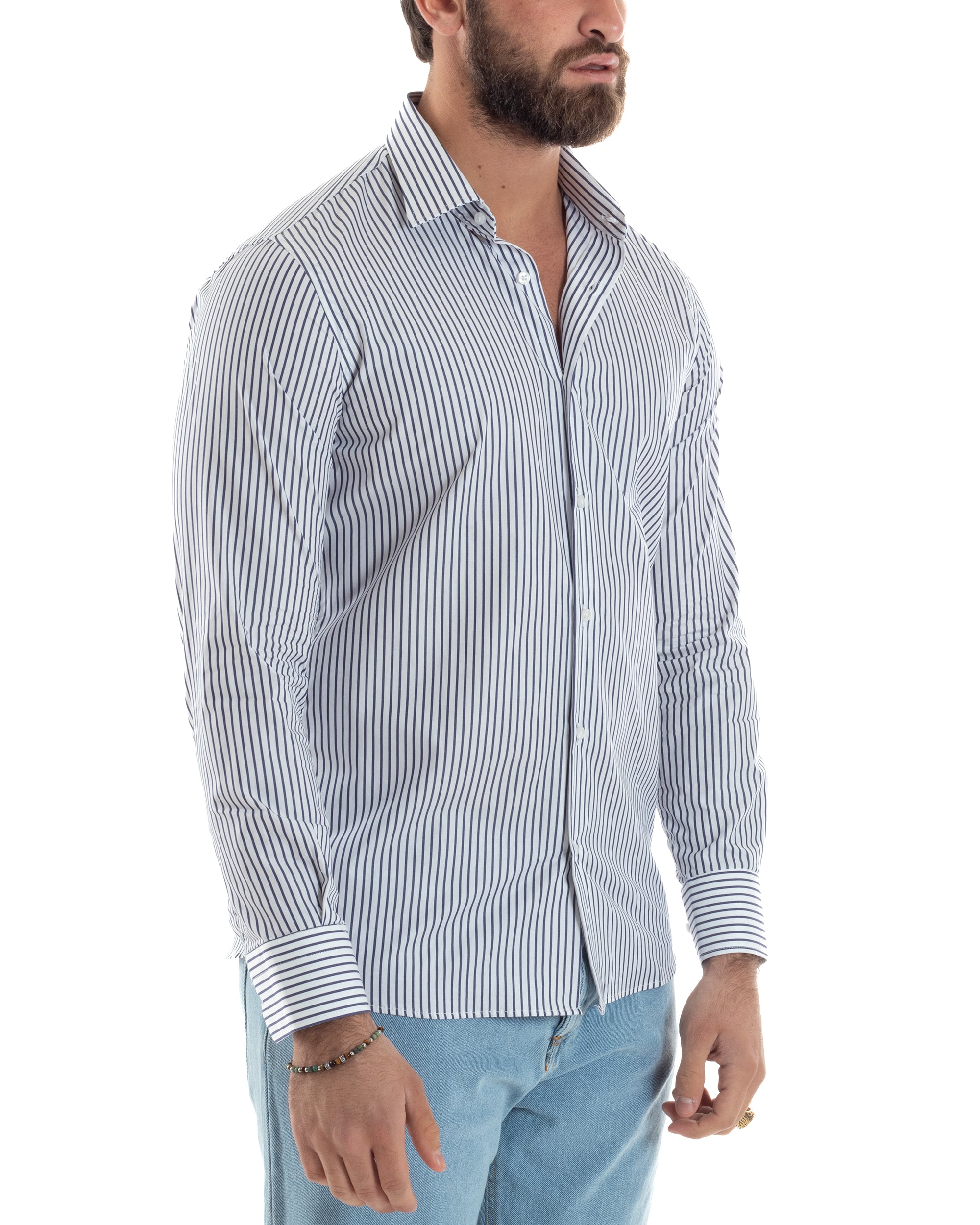 Camicia Uomo Cotone Slim Fit Casual Colletto Semi-Francese Basic Rigata Bicolore Righe Bastoncino Sottile Bianco Blu GIOSAL-C2912A