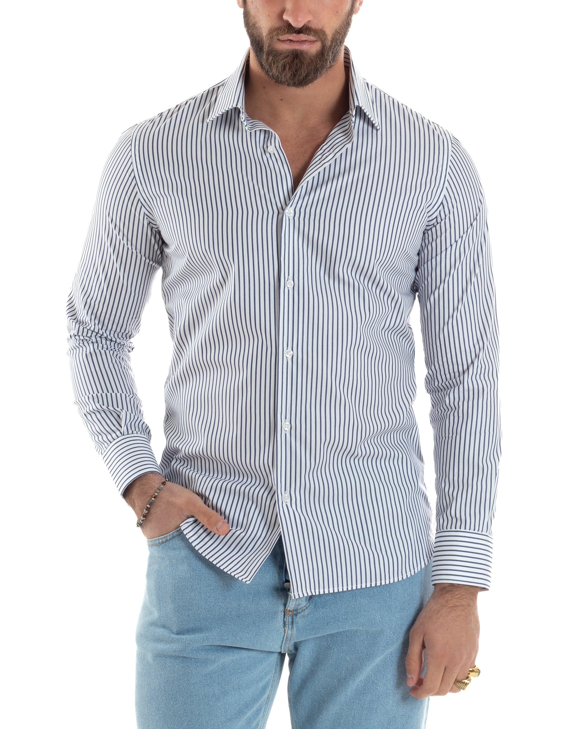 Camicia Uomo Cotone Slim Fit Casual Colletto Semi-Francese Basic Rigata Bicolore Righe Bastoncino Sottile Bianco Blu GIOSAL-C2912A
