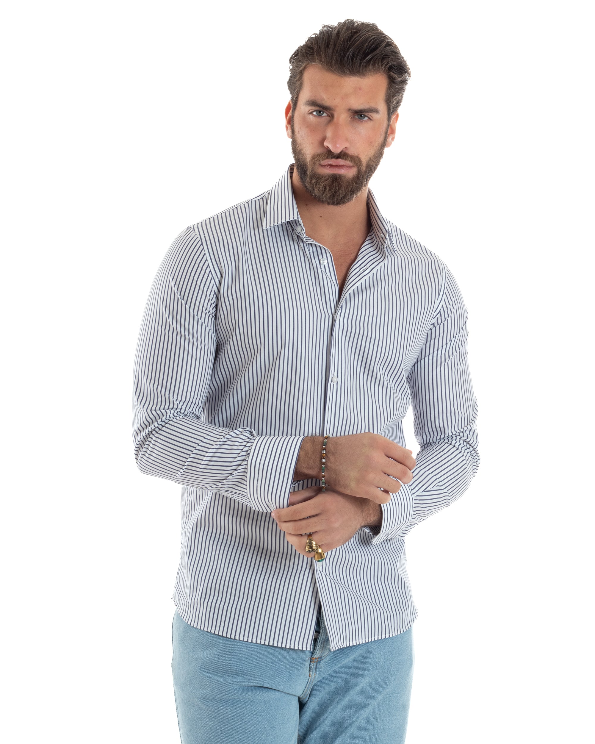 Camicia Uomo Cotone Slim Fit Casual Colletto Semi-Francese Basic Rigata Bicolore Righe Bastoncino Sottile Bianco Blu GIOSAL-C2912A