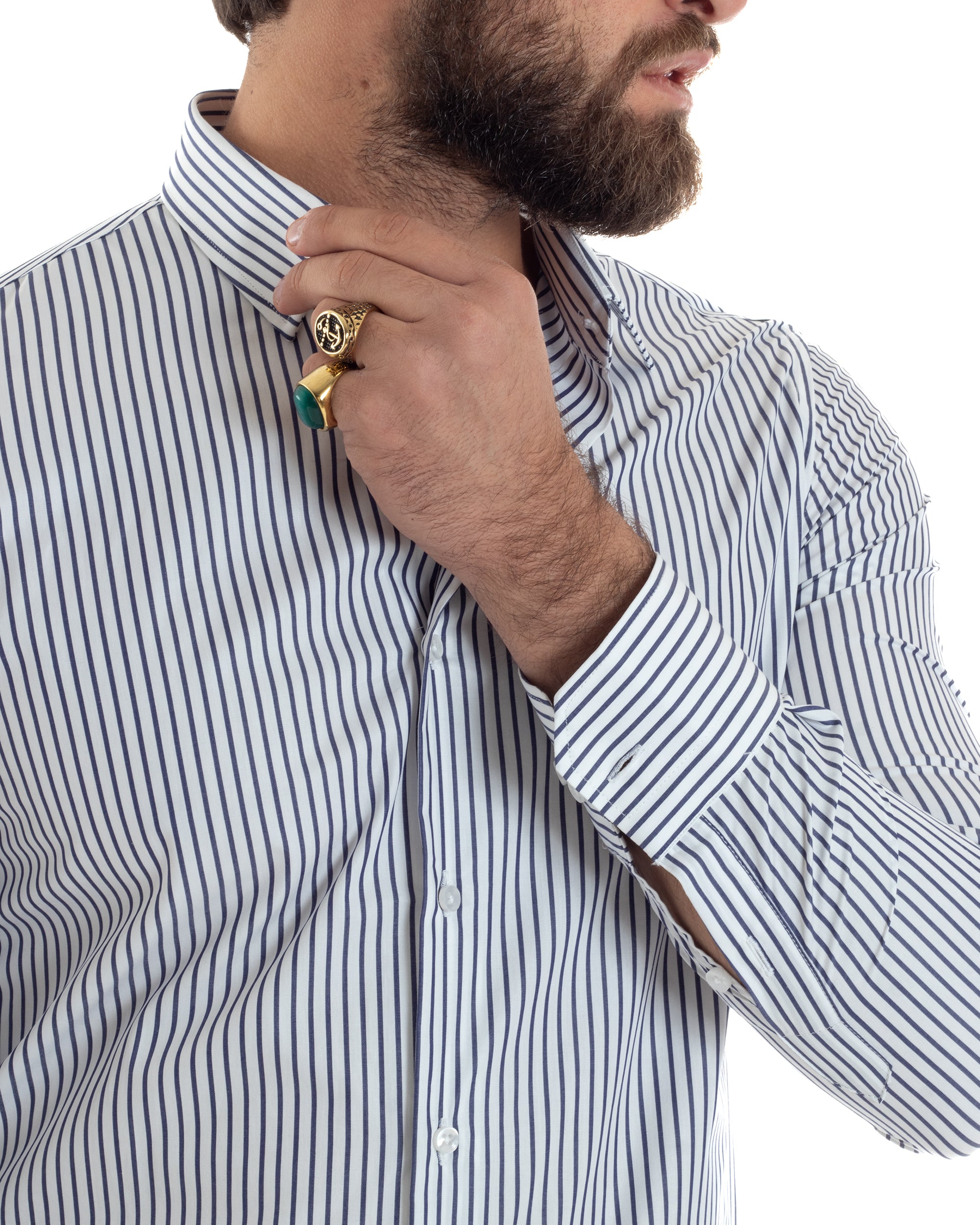 Camicia Uomo Cotone Slim Fit Casual Colletto Semi-Francese Basic Rigata Bicolore Righe Bastoncino Sottile Bianco Blu GIOSAL-C2912A