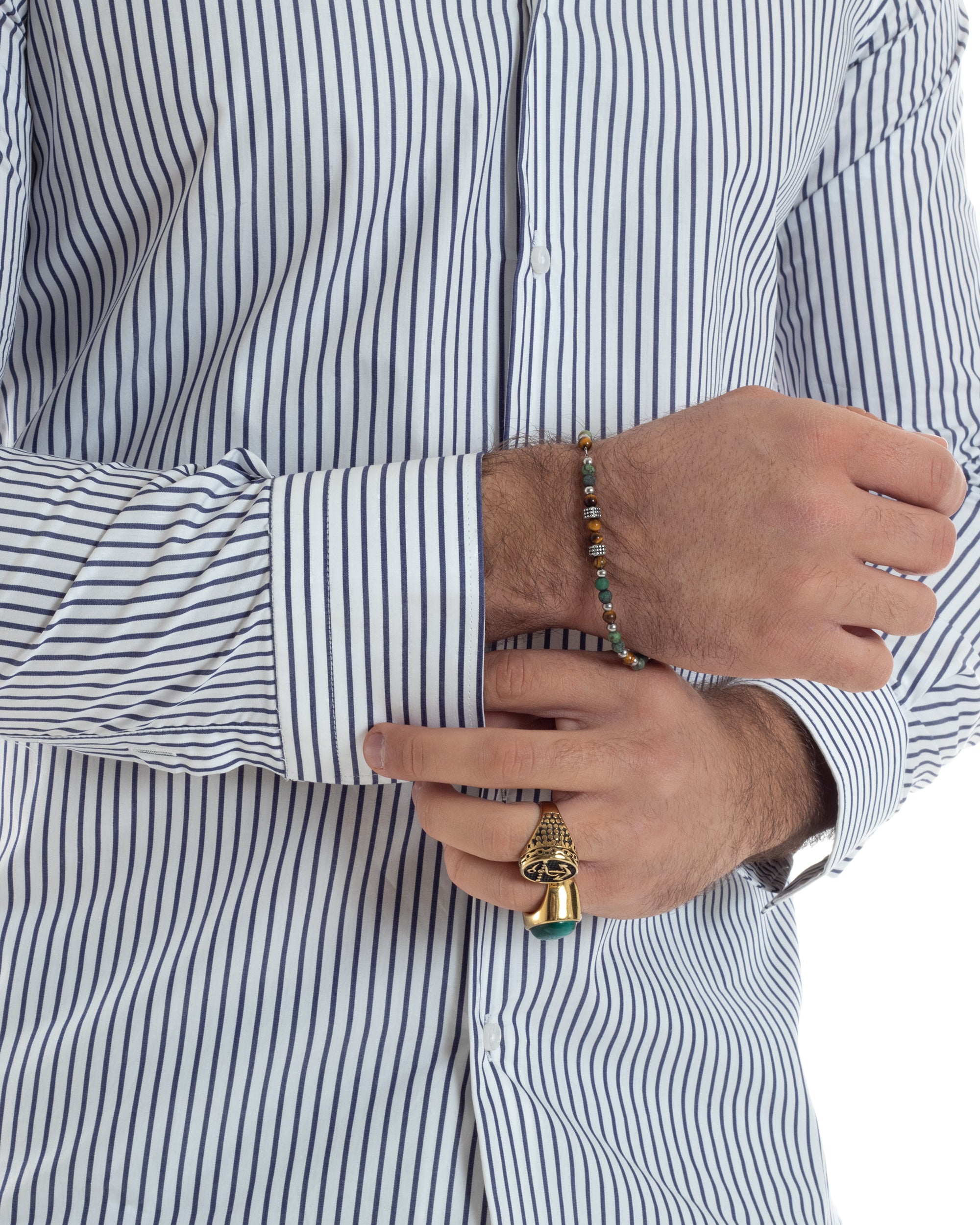 Camicia Uomo Cotone Slim Fit Casual Colletto Semi-Francese Basic Rigata Bicolore Righe Bastoncino Sottile Bianco Blu GIOSAL-C2912A