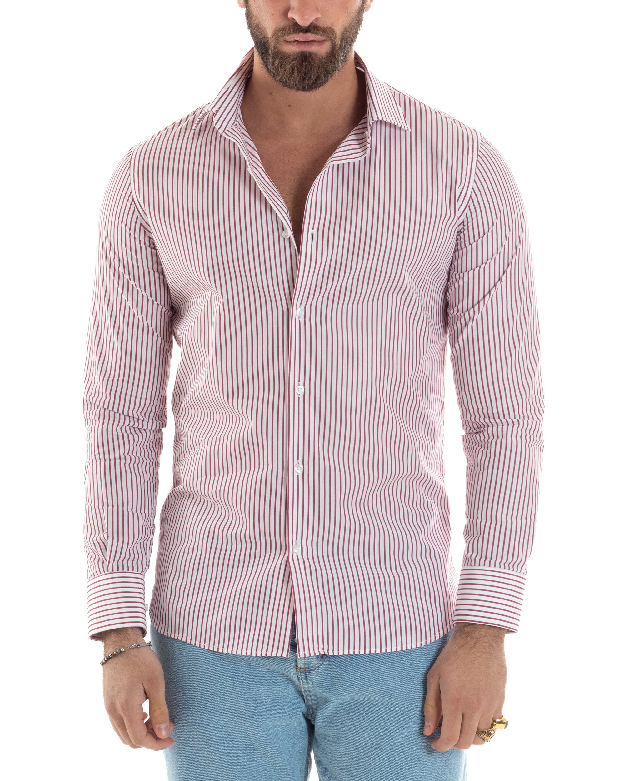 Camicia Uomo Cotone Slim Fit Casual Colletto Semi-Francese Basic Rigata Bicolore Righe Bastoncino Sottile Bianco Rosso GIOSAL-C2913A