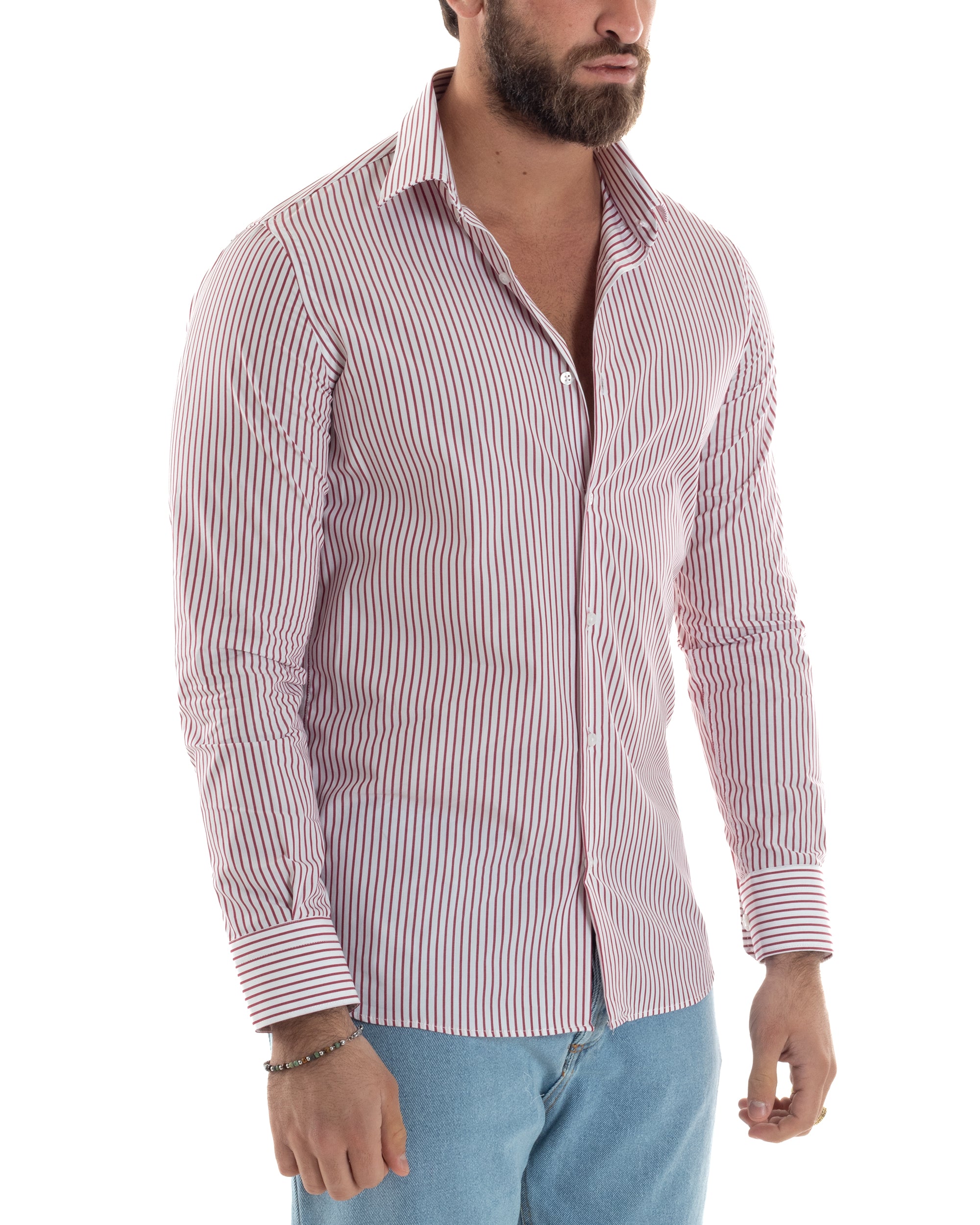 Camicia Uomo Cotone Slim Fit Casual Colletto Semi-Francese Basic Rigata Bicolore Righe Bastoncino Sottile Bianco Rosso GIOSAL-C2913A