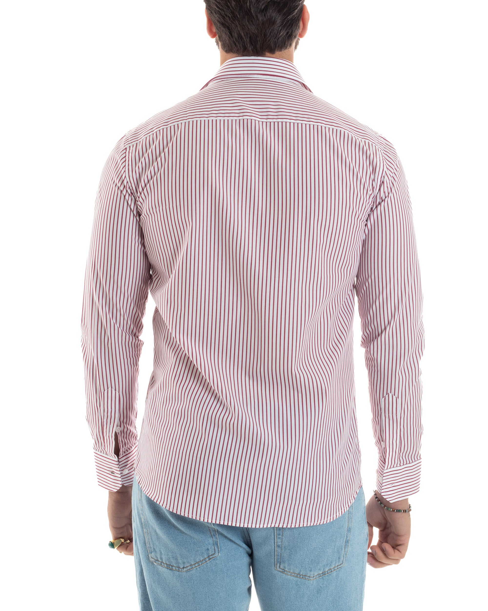 Camicia Uomo Cotone Slim Fit Casual Colletto Semi-Francese Basic Rigata Bicolore Righe Bastoncino Sottile Bianco Rosso GIOSAL-C2913A
