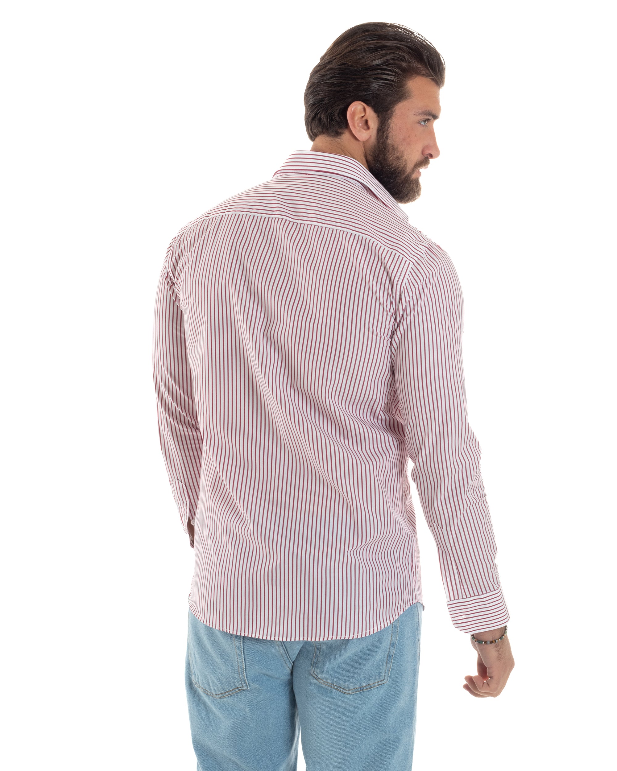 Camicia Uomo Cotone Slim Fit Casual Colletto Semi-Francese Basic Rigata Bicolore Righe Bastoncino Sottile Bianco Rosso GIOSAL-C2913A