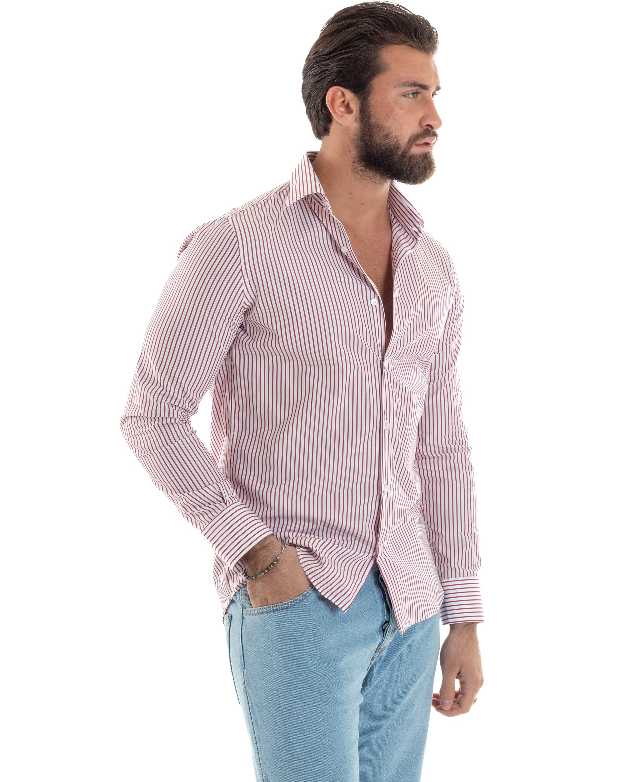 Camicia Uomo Cotone Slim Fit Casual Colletto Semi-Francese Basic Rigata Bicolore Righe Bastoncino Sottile Bianco Rosso GIOSAL-C2913A