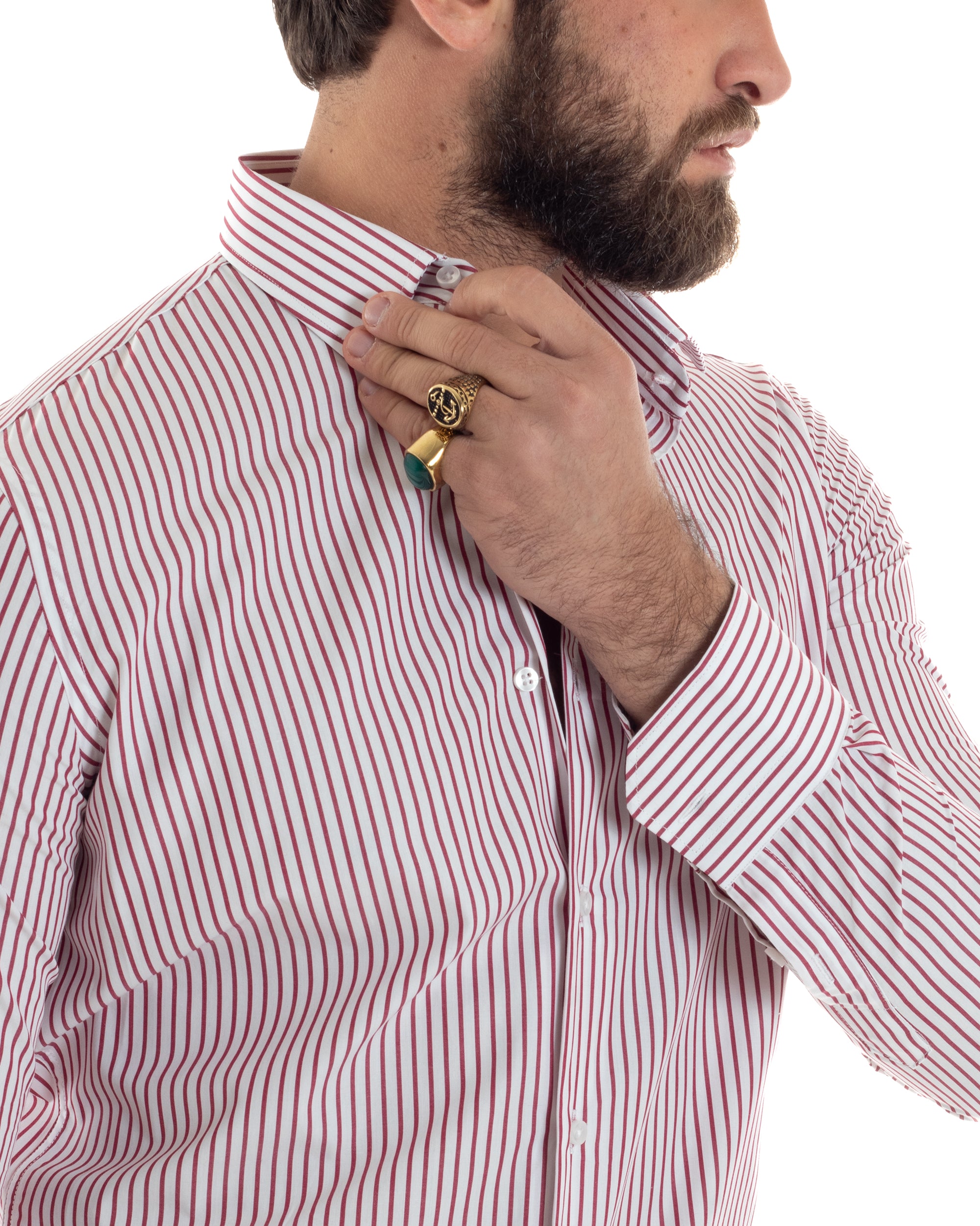 Camicia Uomo Cotone Slim Fit Casual Colletto Semi-Francese Basic Rigata Bicolore Righe Bastoncino Sottile Bianco Rosso GIOSAL-C2913A