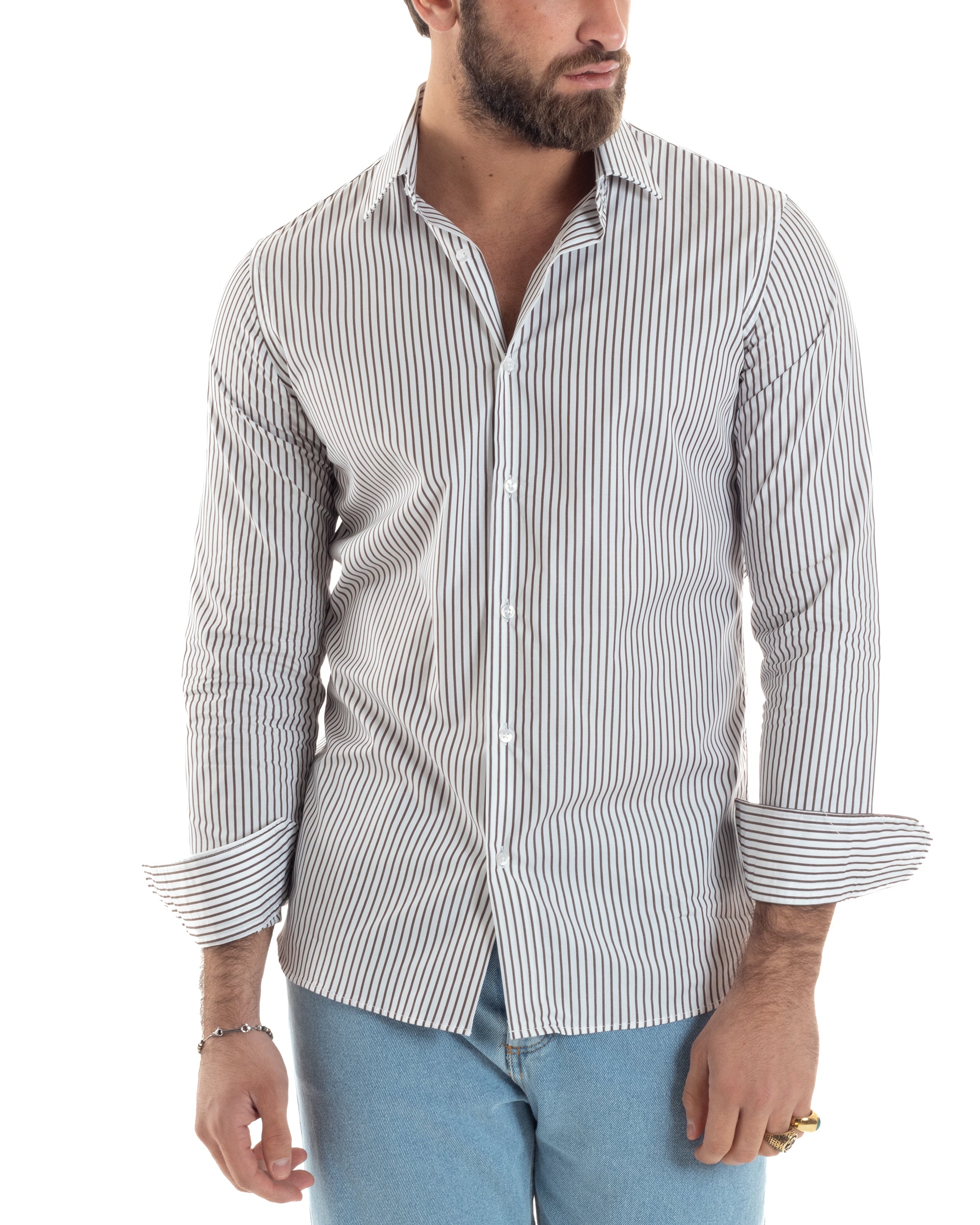 Camicia Uomo Cotone Slim Fit Casual Colletto Semi-Francese Basic Rigata Bicolore Righe Bastoncino Sottile Bianco Marrone GIOSAL-C2914A