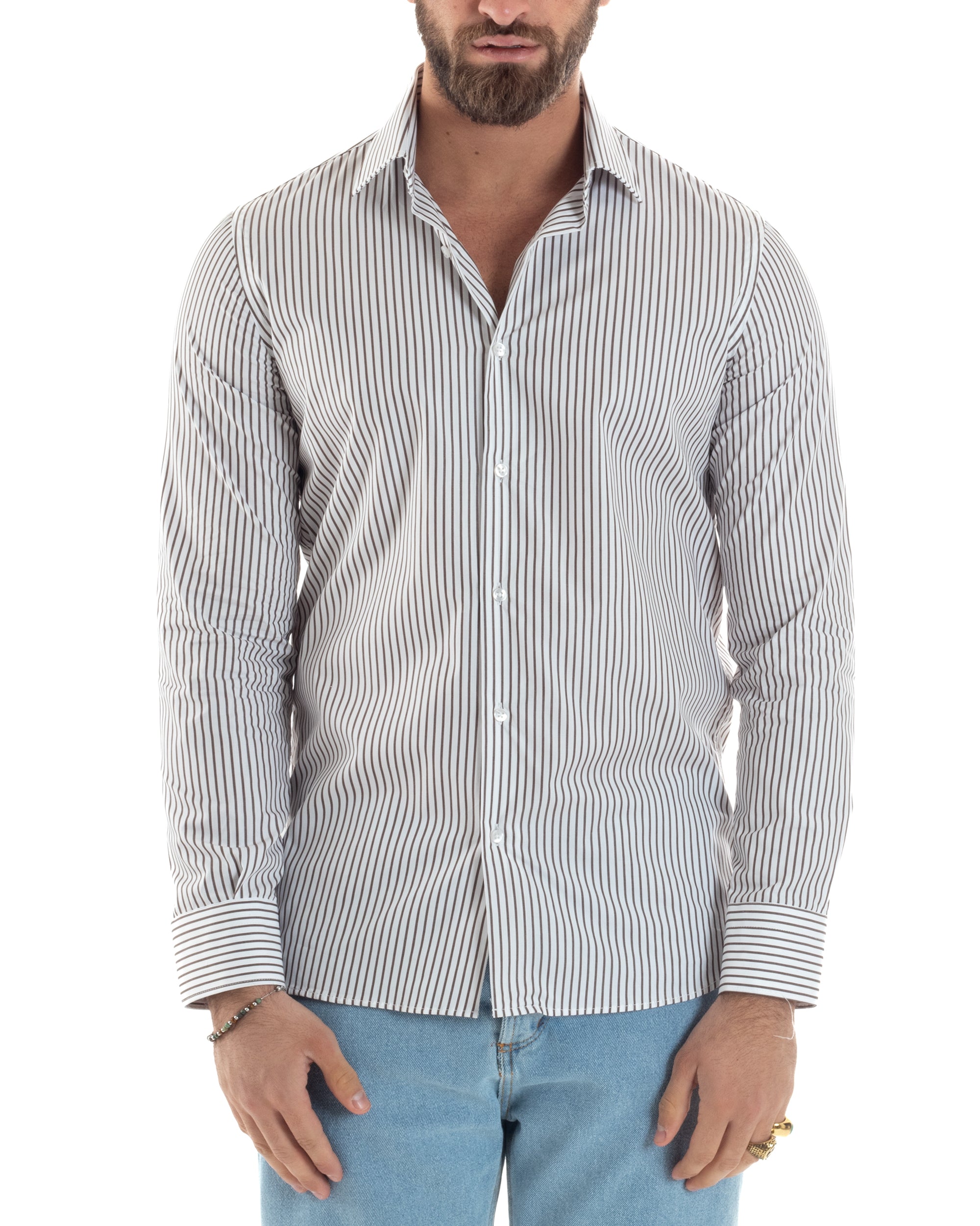 Camicia Uomo Cotone Slim Fit Casual Colletto Semi-Francese Basic Rigata Bicolore Righe Bastoncino Sottile Bianco Marrone GIOSAL-C2914A