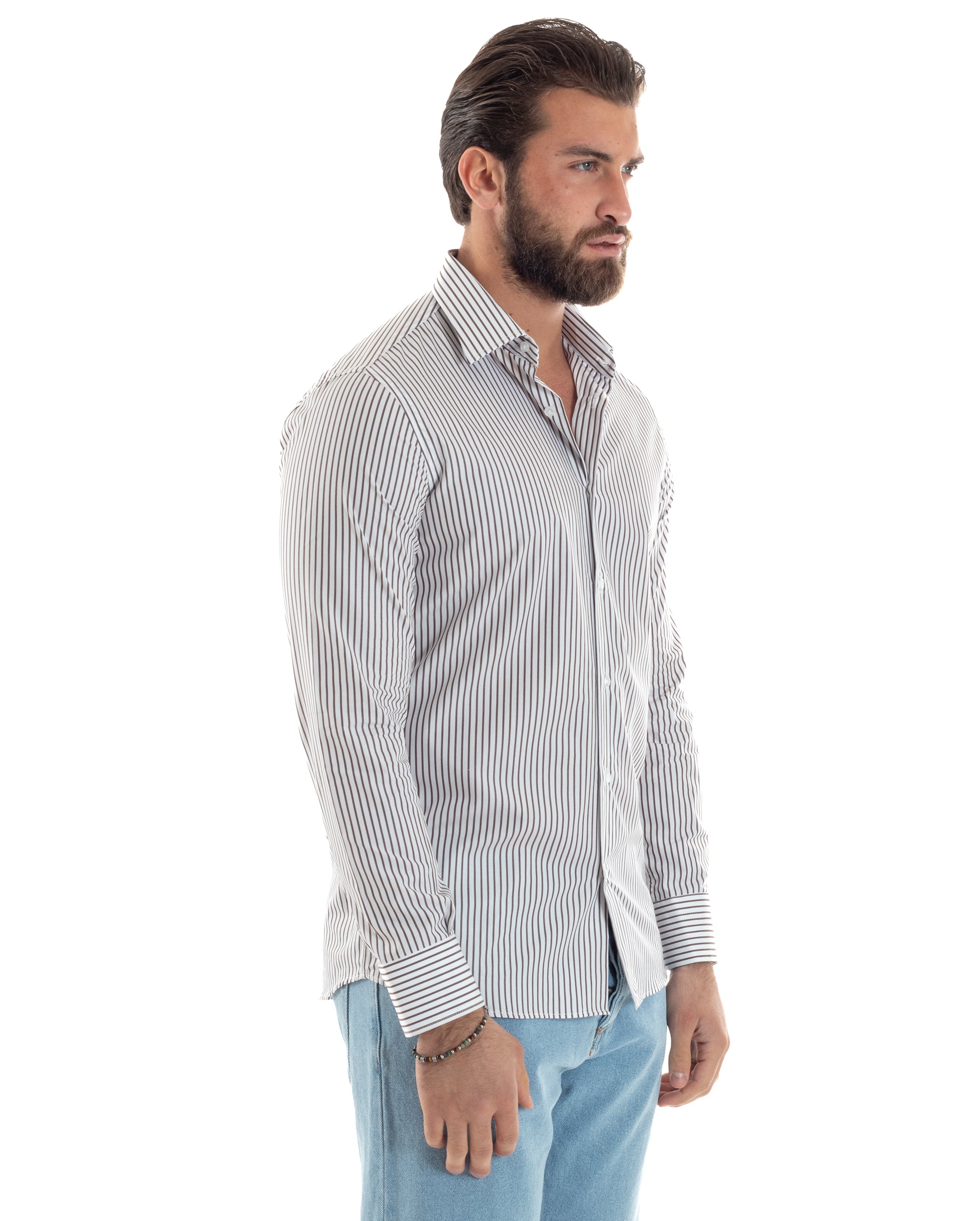 Camicia Uomo Cotone Slim Fit Casual Colletto Semi-Francese Basic Rigata Bicolore Righe Bastoncino Sottile Bianco Marrone GIOSAL-C2914A