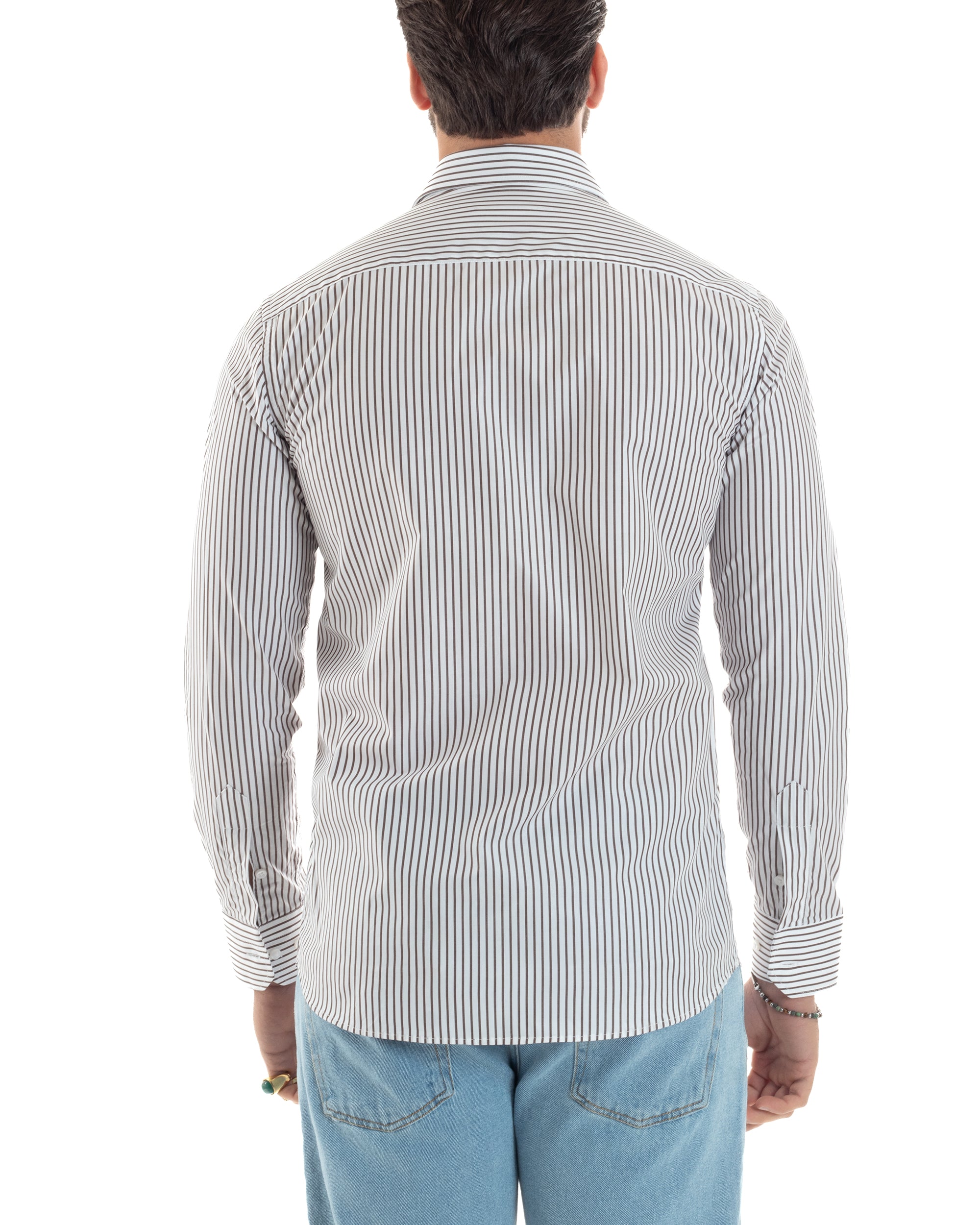 Camicia Uomo Cotone Slim Fit Casual Colletto Semi-Francese Basic Rigata Bicolore Righe Bastoncino Sottile Bianco Marrone GIOSAL-C2914A