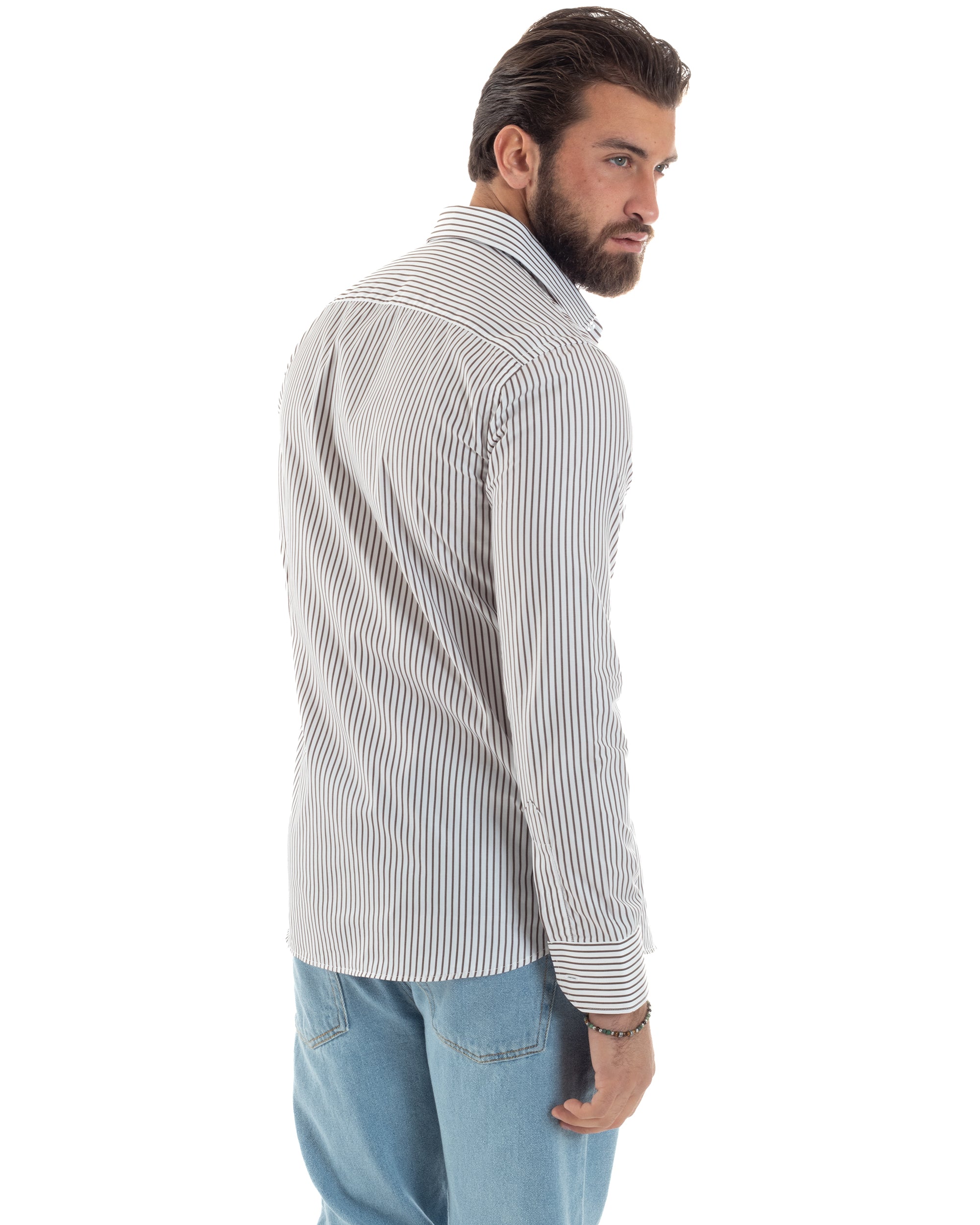 Camicia Uomo Cotone Slim Fit Casual Colletto Semi-Francese Basic Rigata Bicolore Righe Bastoncino Sottile Bianco Marrone GIOSAL-C2914A