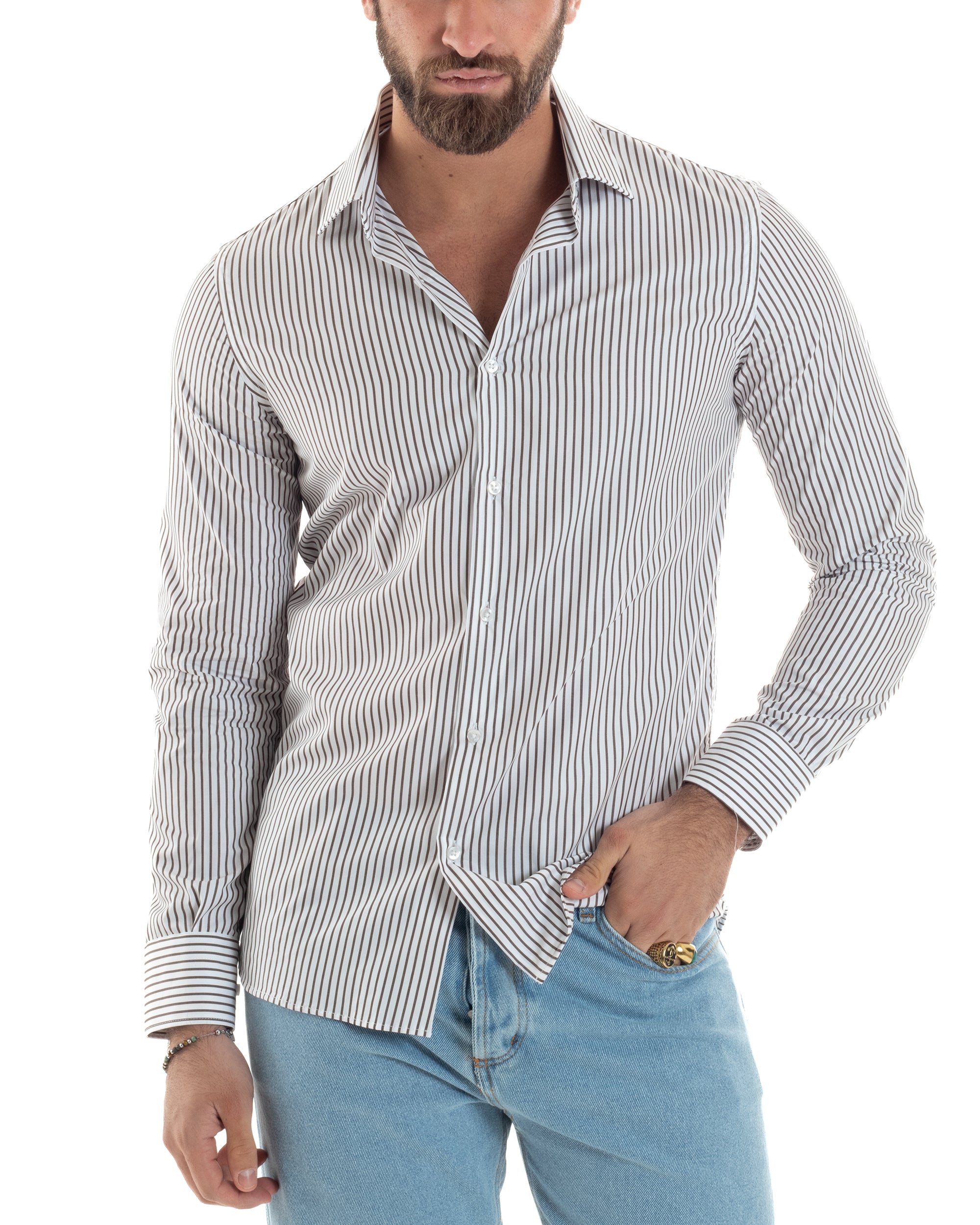 Camicia Uomo Cotone Slim Fit Casual Colletto Semi-Francese Basic Rigat