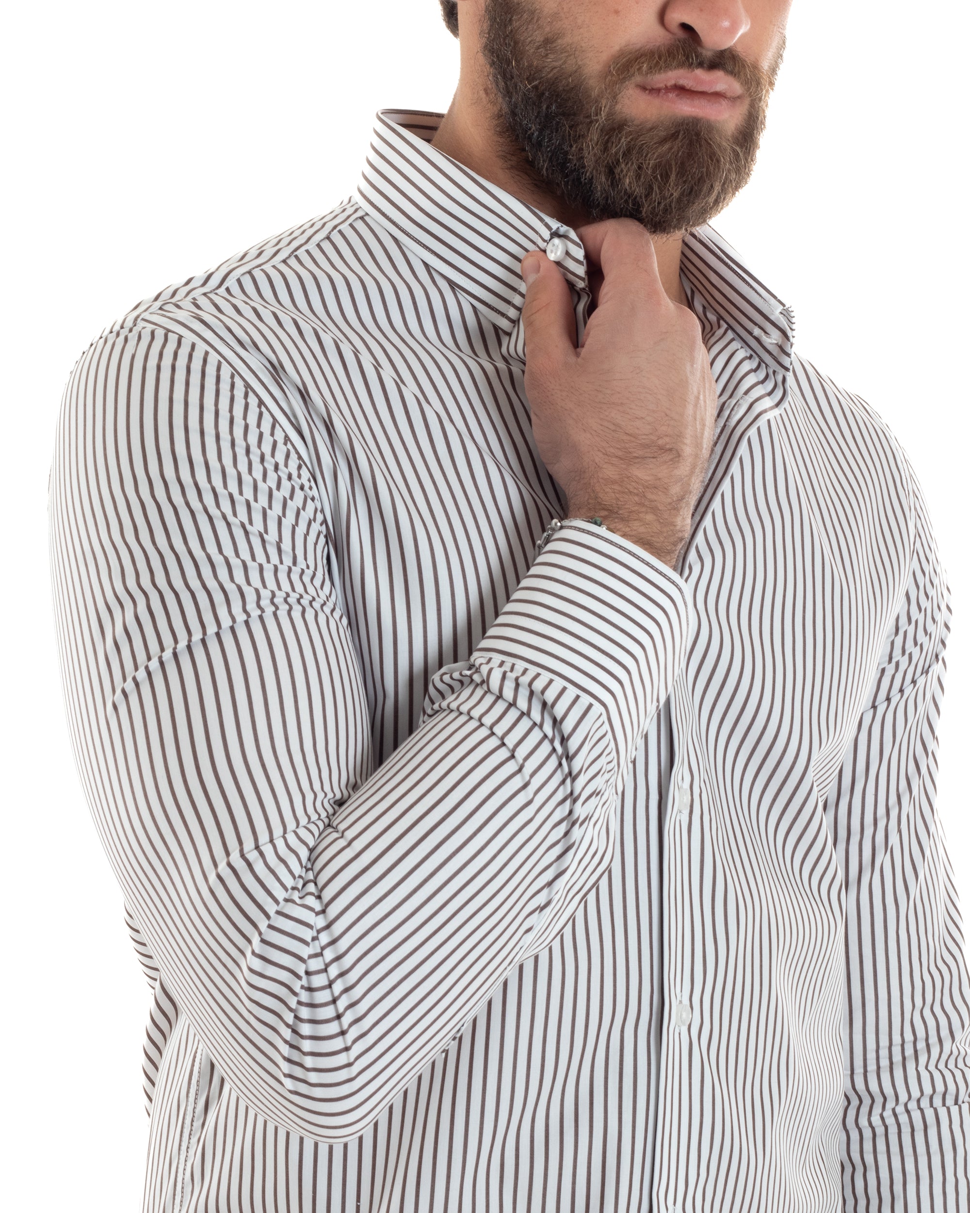 Camicia Uomo Cotone Slim Fit Casual Colletto Semi-Francese Basic Rigata Bicolore Righe Bastoncino Sottile Bianco Marrone GIOSAL-C2914A