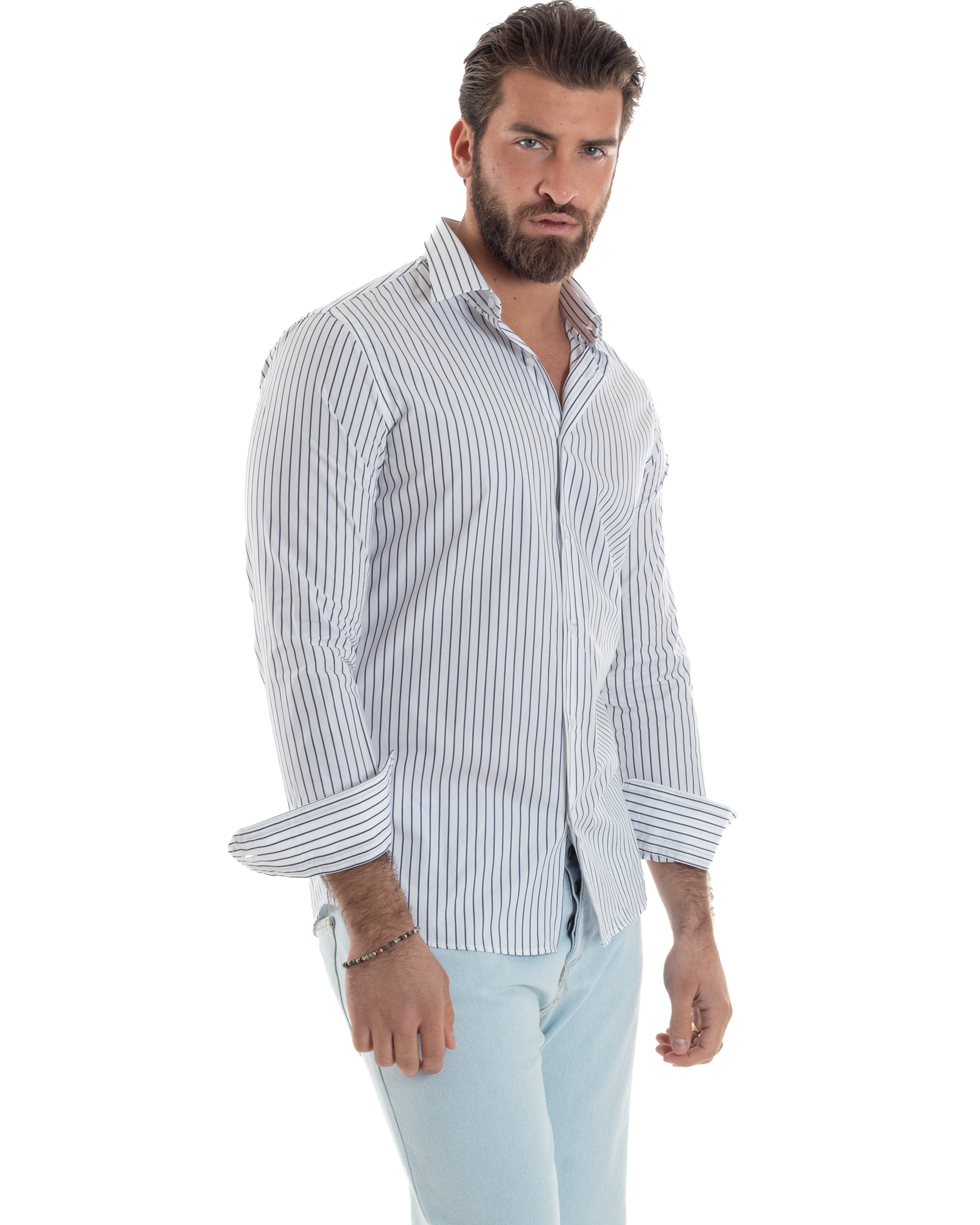 Camicia Uomo Cotone Colletto Semi-Francese Rigata Slim Fit Casual Basic Bicolore Righe Sottili Bianco Blu GIOSAL-C2915A