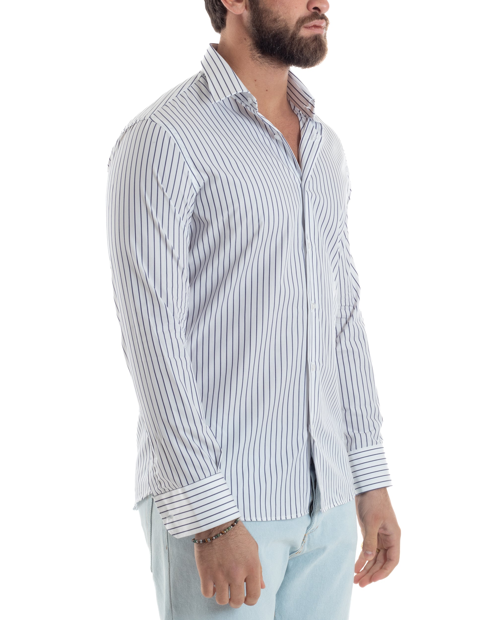 Camicia Uomo Cotone Colletto Semi-Francese Rigata Slim Fit Casual Basic Bicolore Righe Sottili Bianco Blu GIOSAL-C2915A