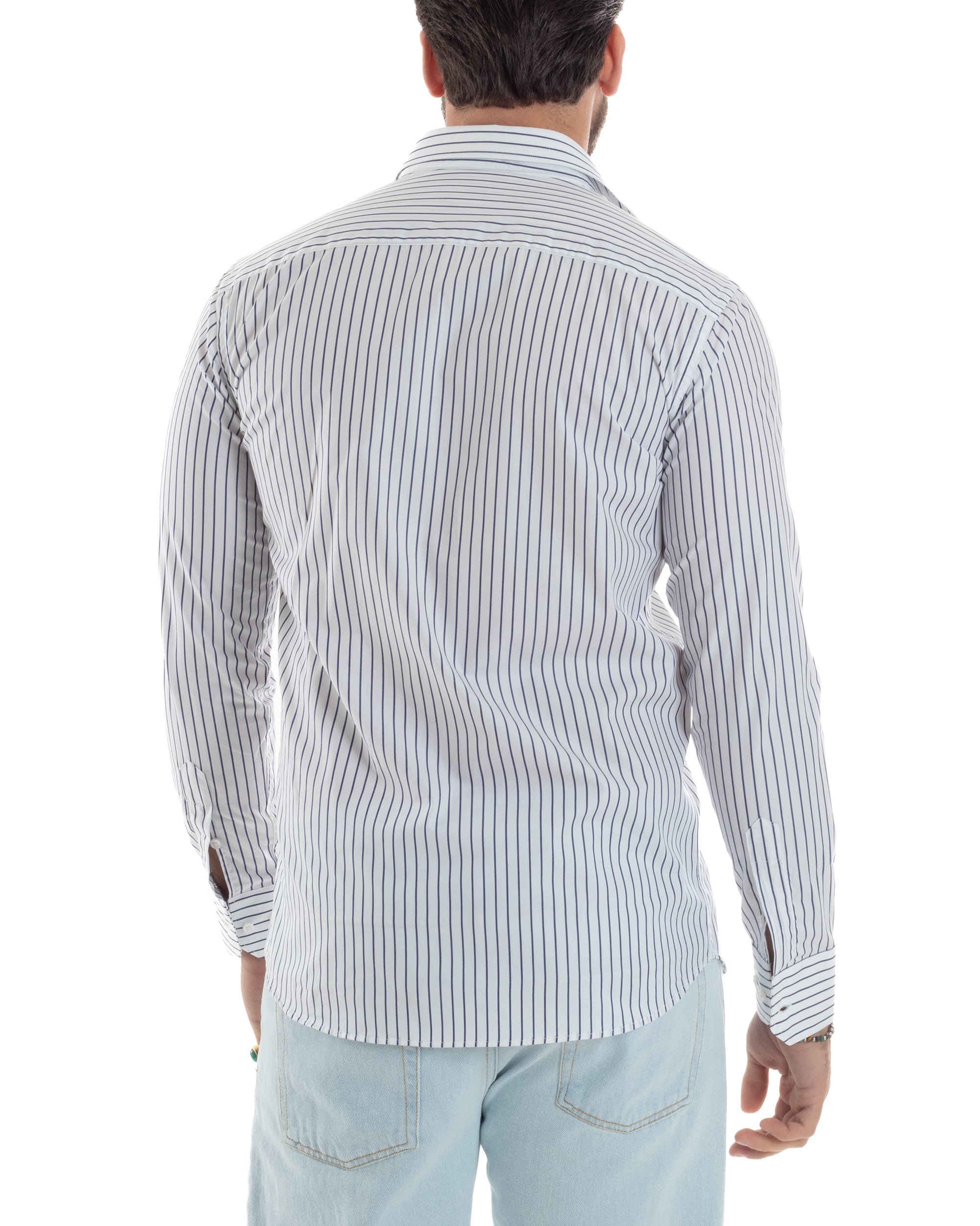 Camicia Uomo Cotone Colletto Semi-Francese Rigata Slim Fit Casual Basic Bicolore Righe Sottili Bianco Blu GIOSAL-C2915A