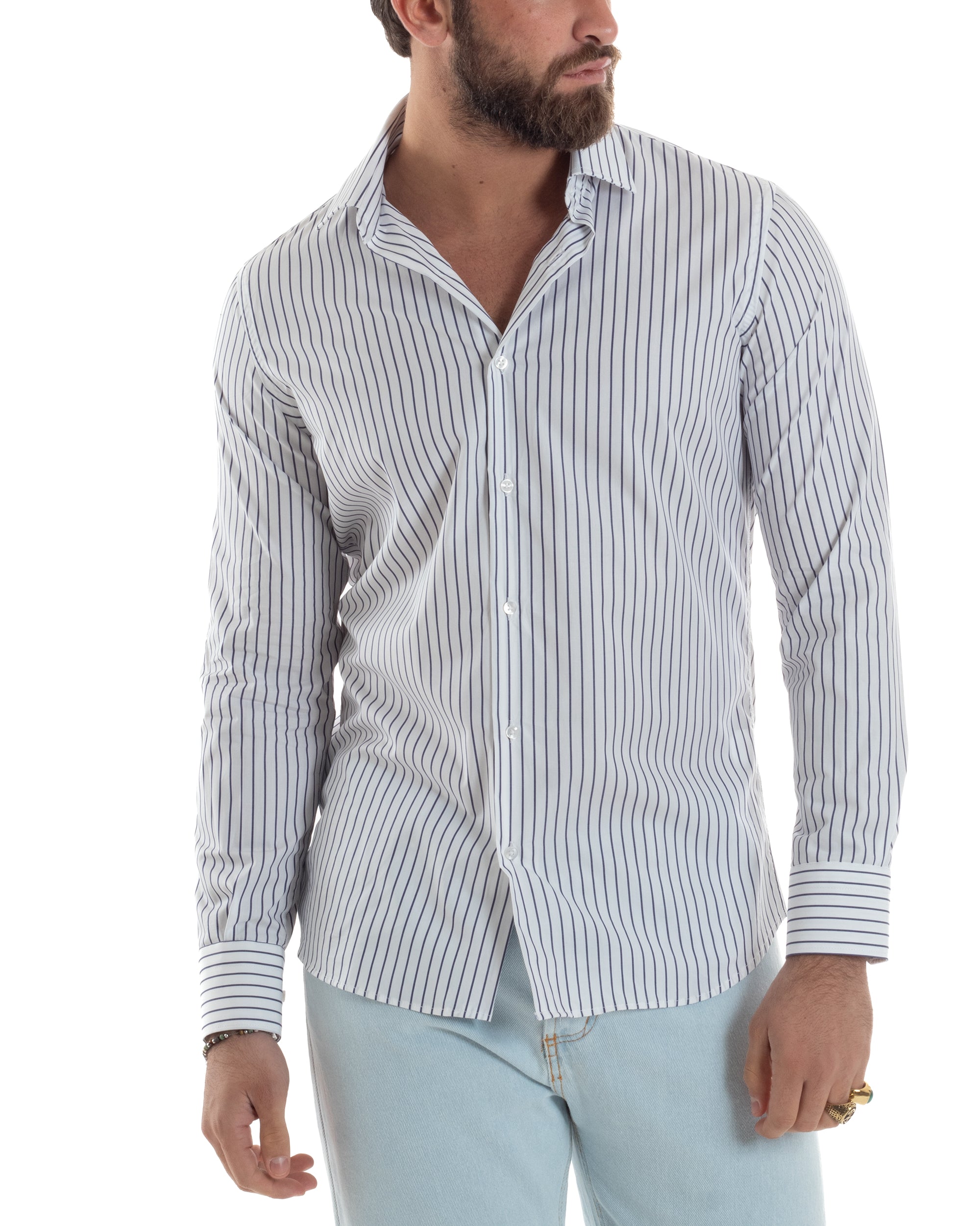 Camicia Uomo Cotone Colletto Semi-Francese Rigata Slim Fit Casual Basic Bicolore Righe Sottili Bianco Blu GIOSAL-C2915A