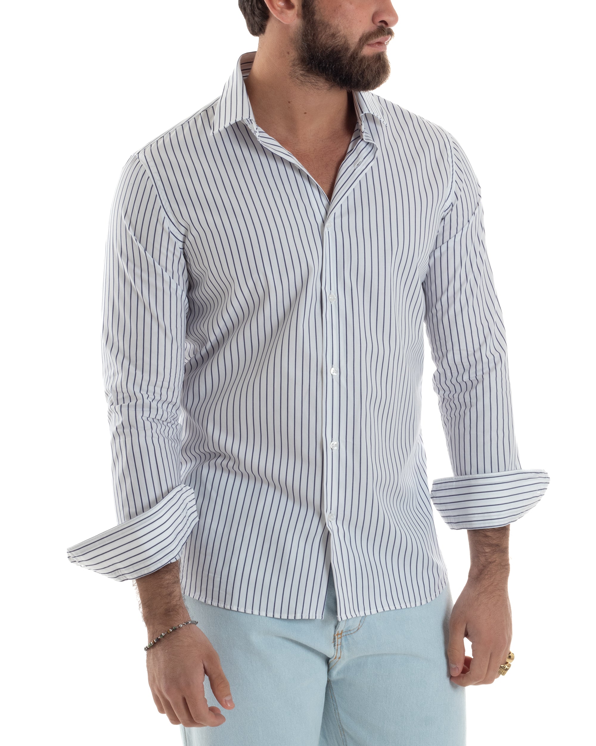 Camicia Uomo Cotone Colletto Semi-Francese Rigata Slim Fit Casual Basic Bicolore Righe Sottili Bianco Blu GIOSAL-C2915A