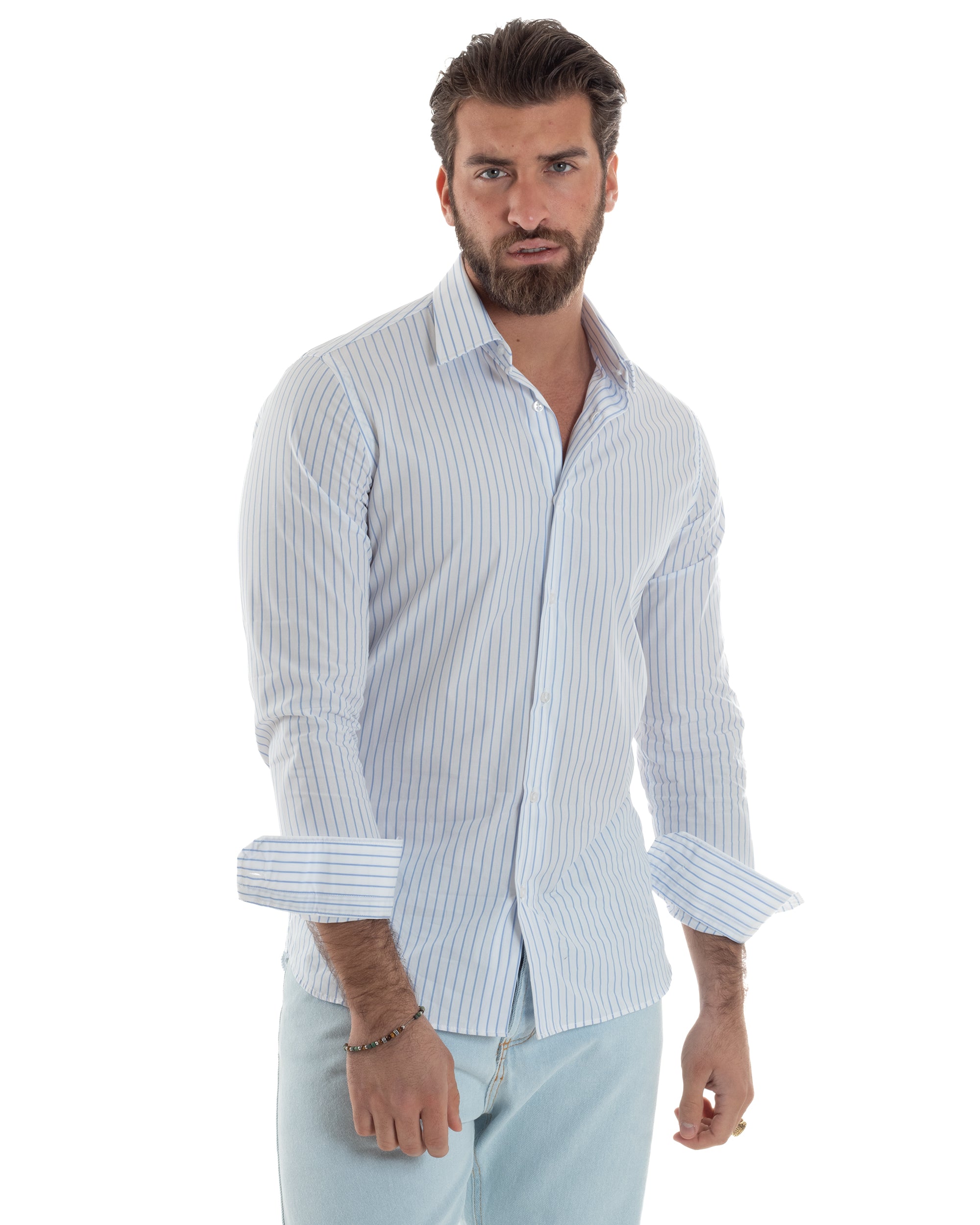 Camicia Uomo Cotone Colletto Semi-Francese Rigata Slim Fit Casual Basic Bicolore Righe Sottili Bianco Celeste GIOSAL-C2916A
